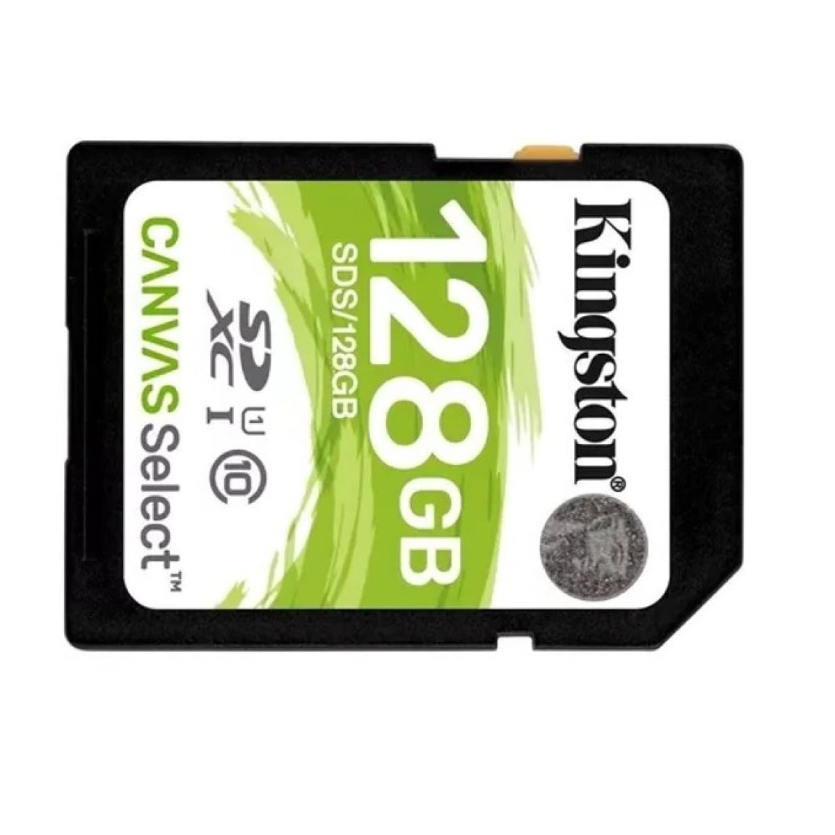 Schwarze SD-Karte mit grün-weißem Etikett, Kingston-Marke und 128GB.