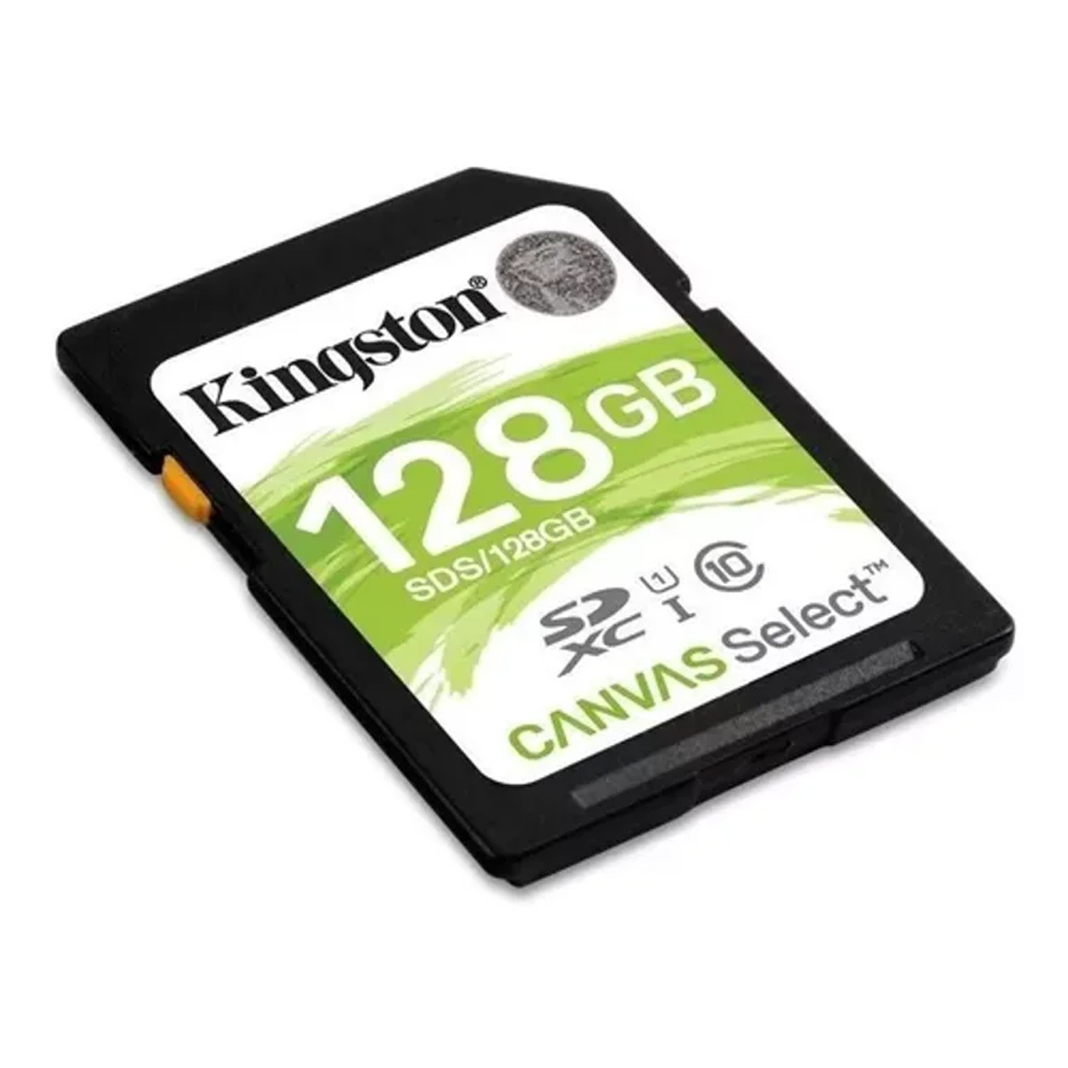Eine schwarze Kingston 128GB SD-Karte mit grün-weißem Etikett und dem SDXC-Logo.