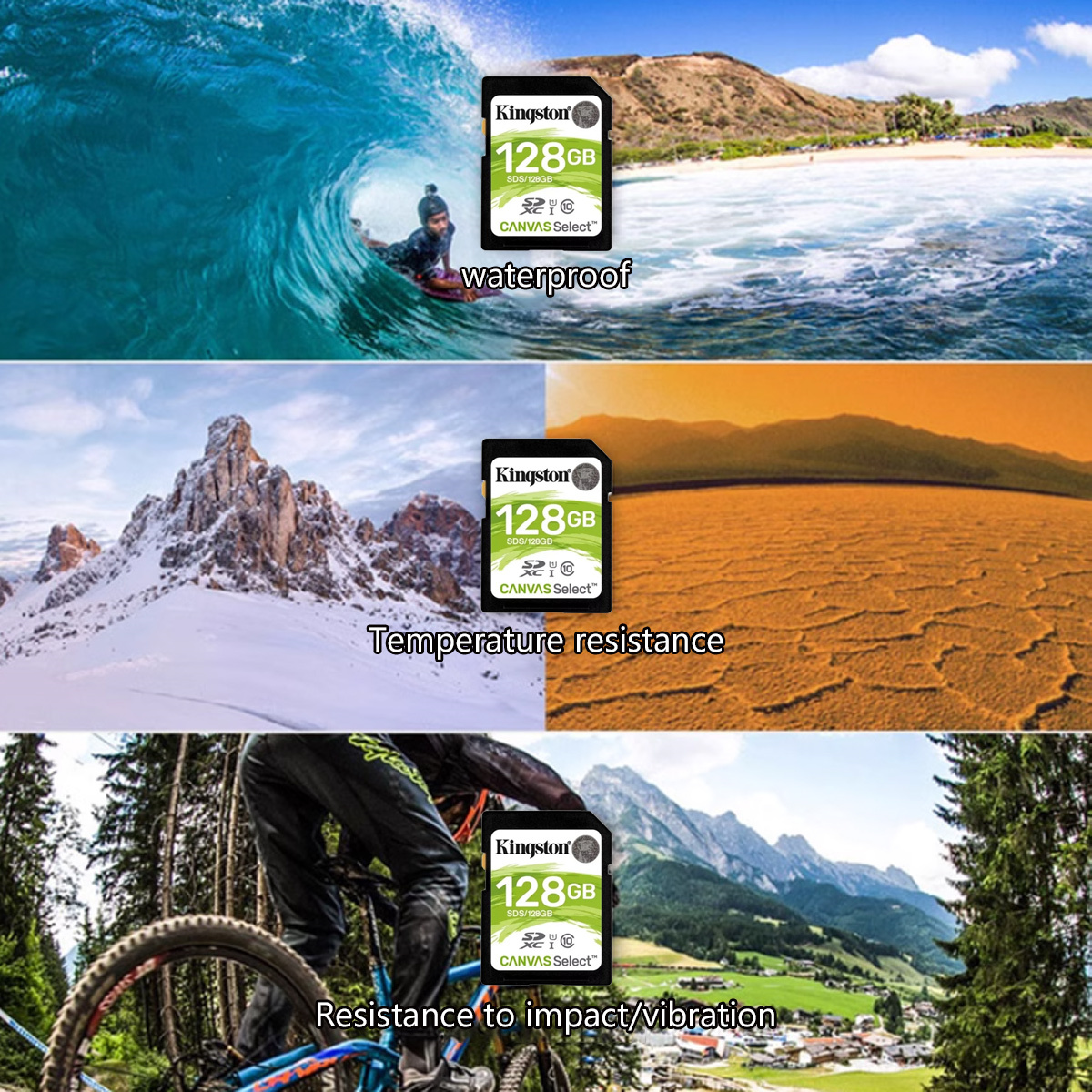 Eine Reihe von Fotos, die die Vorteile einer 128-GB-SD-Karte zeigen: Wasser-, Temperatur- und Stoßfestigkeit.
