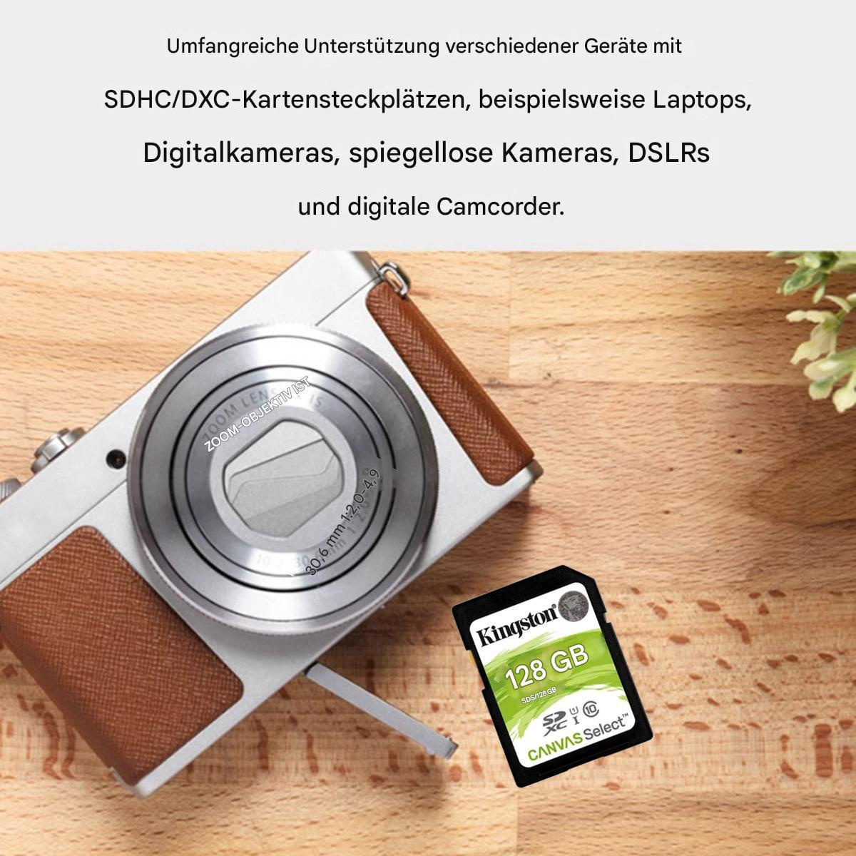 Kamera mit braunen Lederakzenten und Kingston SD-Karte.