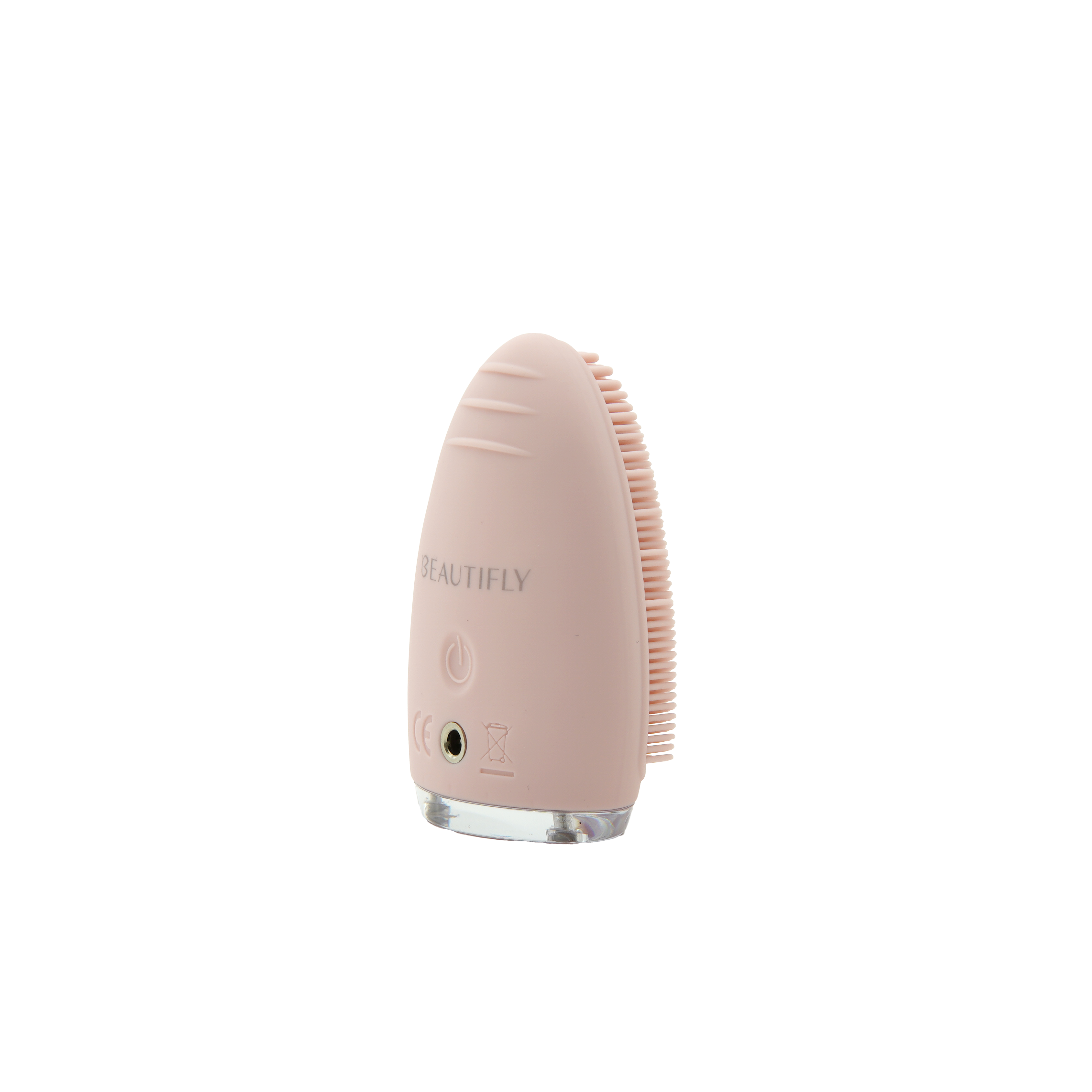 Un cepillo de limpieza facial rosa Beautifly. Tiene un botón y un puerto de carga. Fondo blanco.