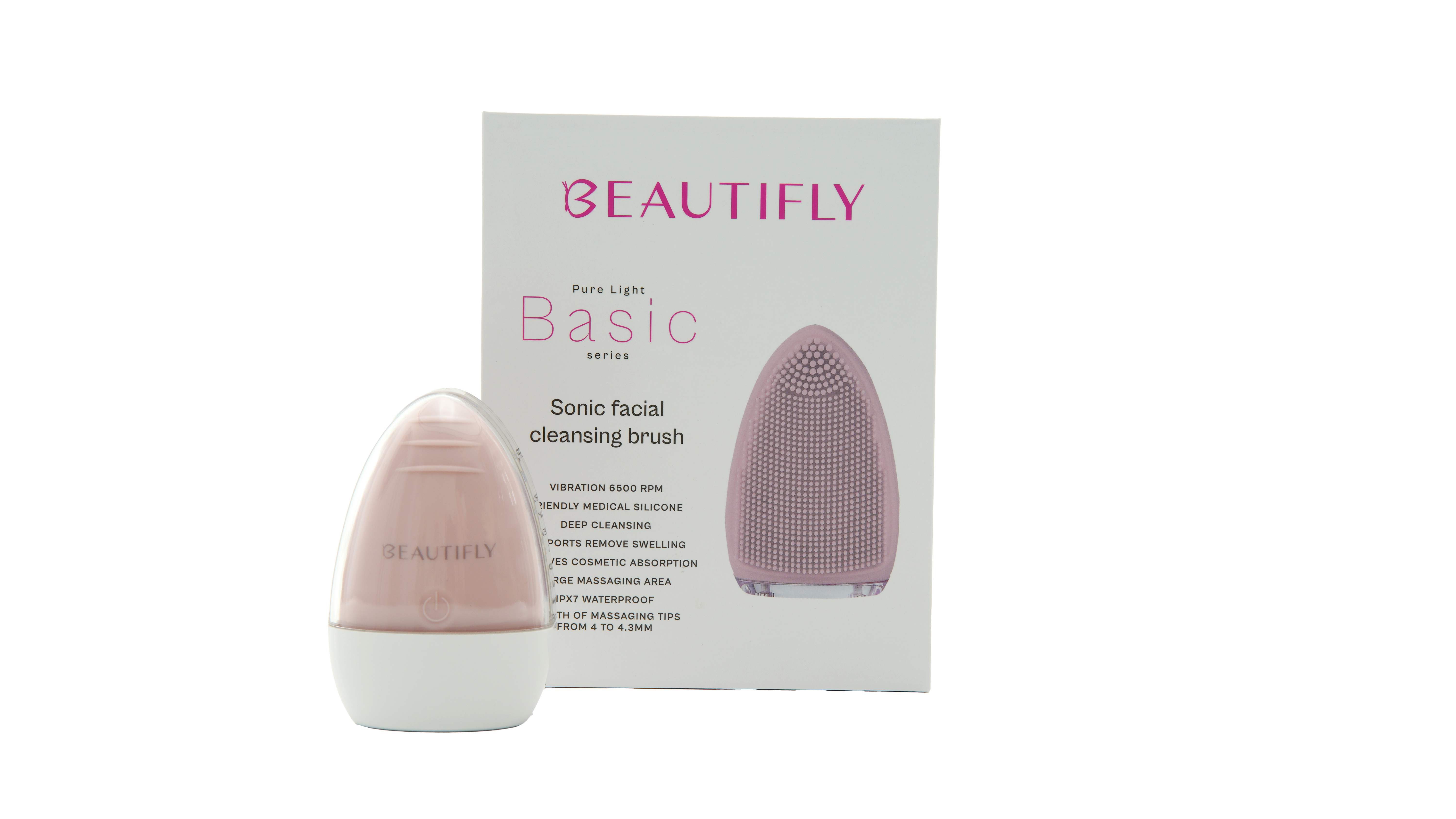 Un cepillo de limpieza facial rosa con base blanca y una caja de producto detrás.