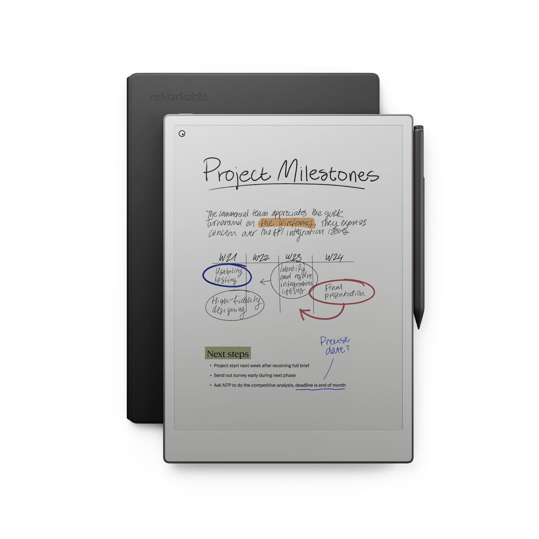 El yazısı notlar ve bir kalem içeren bir tablet, siyah bir kapak üzerinde, beyaz bir arka plan.