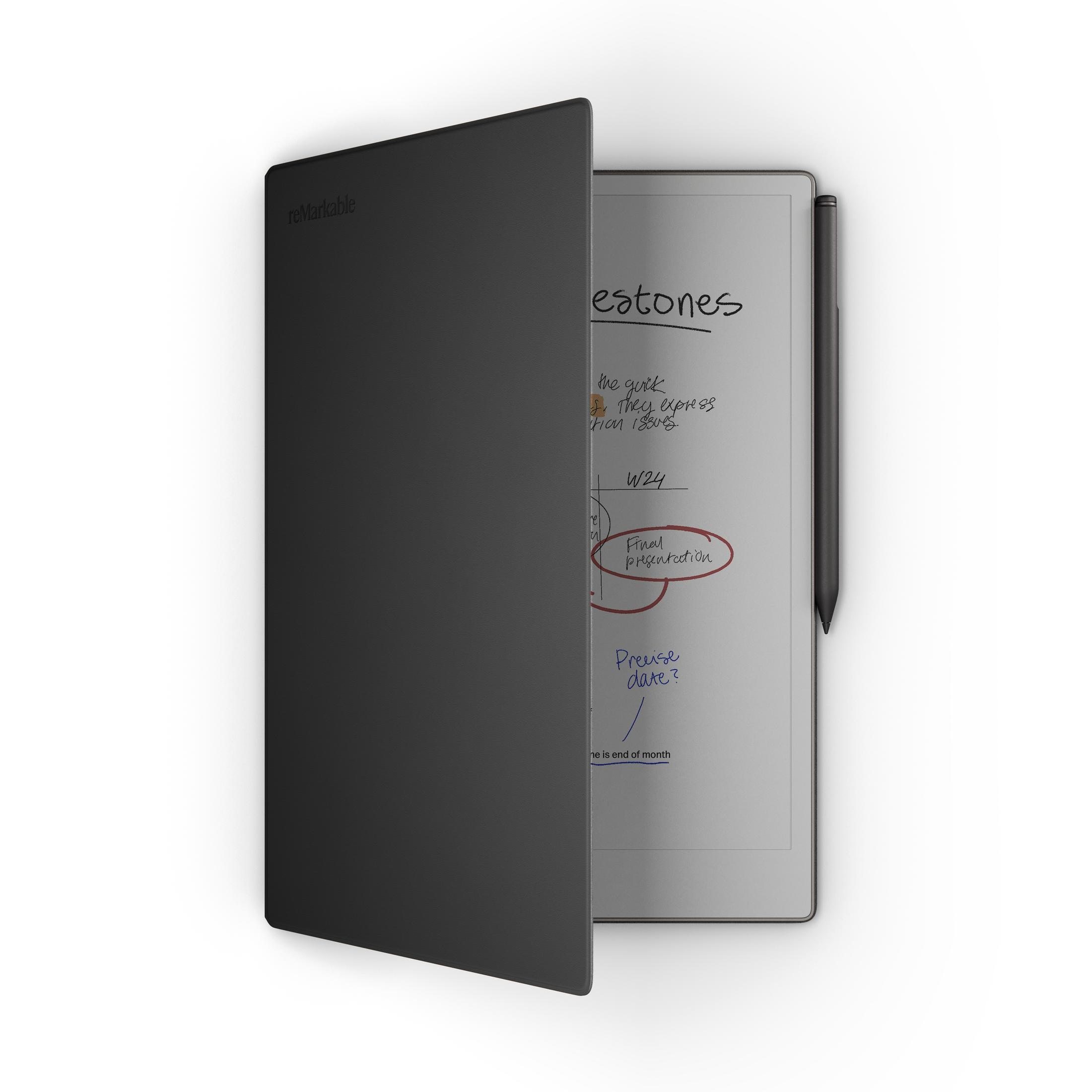 Siyah e-mürekkep tablet, kapağı açık, el yazısı notlar ve kalem gösteriyor. Beyaz zemin.