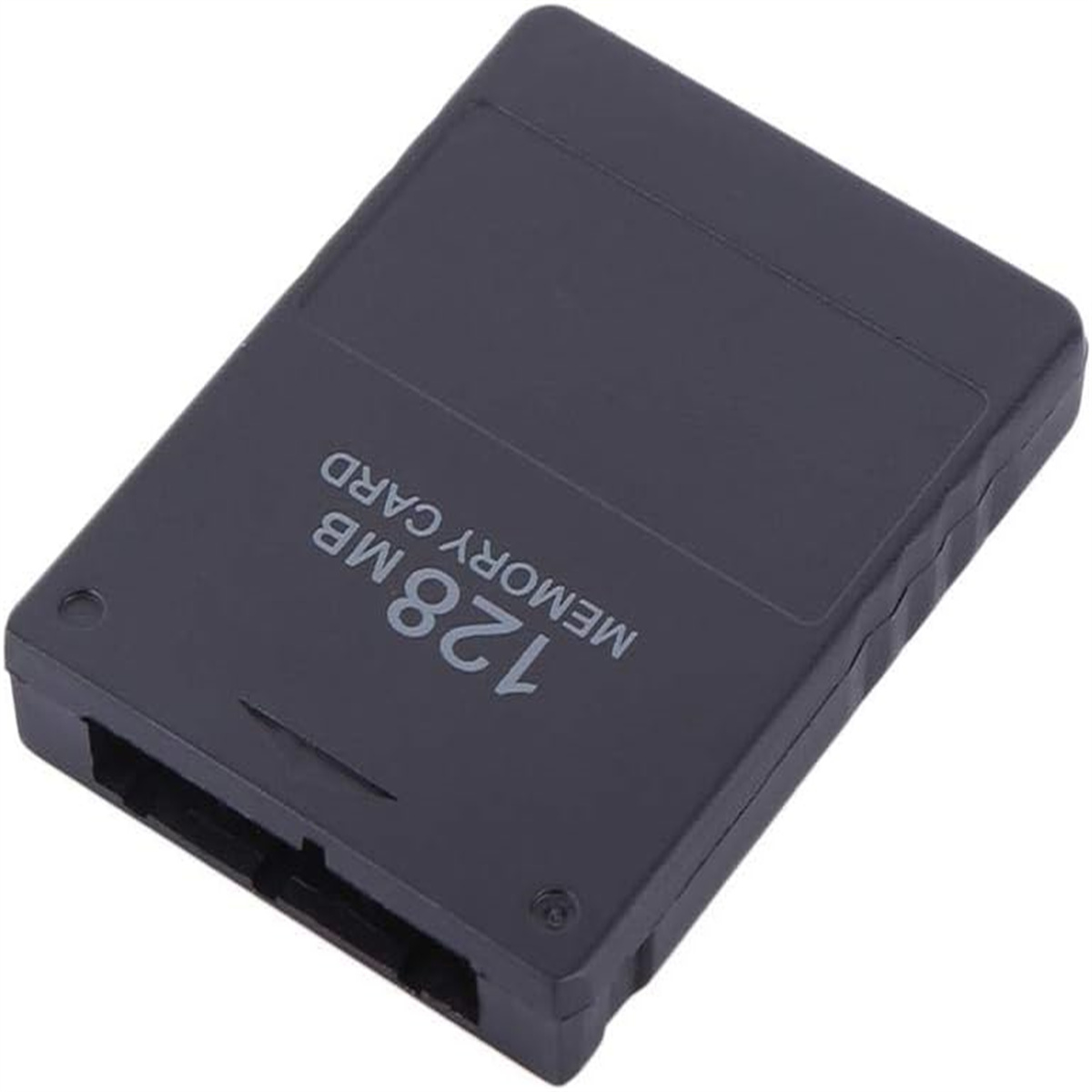 Schwarze 128MB Speicherkarte, schräge Ansicht.