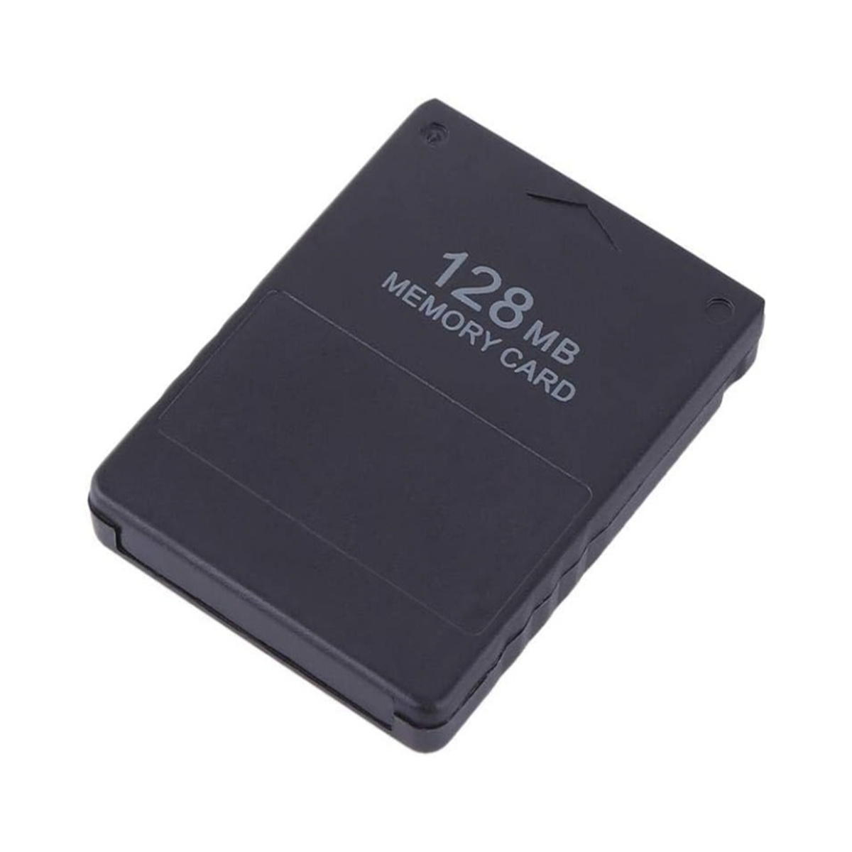 Schwarze 128 MB Speicherkarte. Text '128 MB MEMORY CARD' sichtbar. Weißer Hintergrund.
