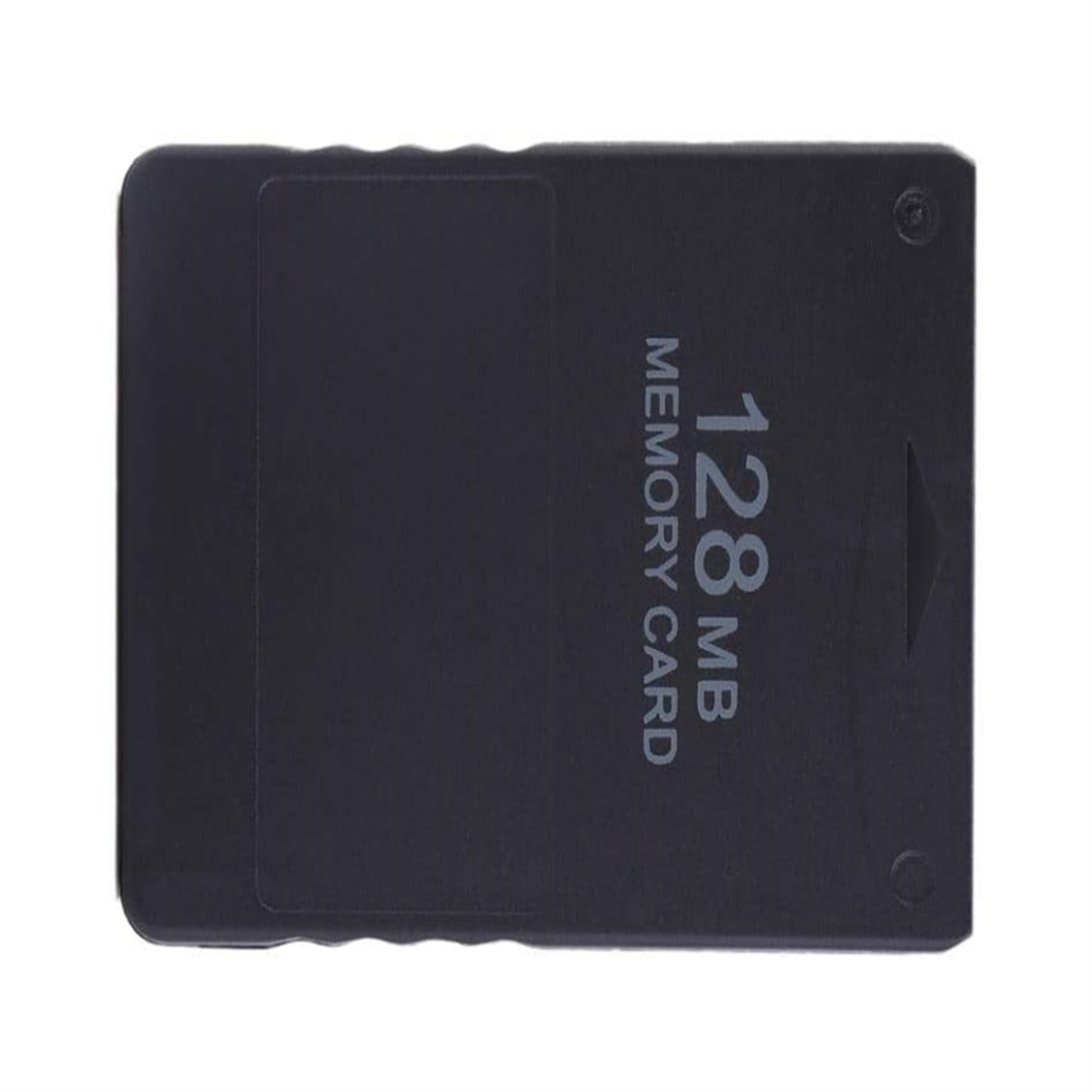 Schwarze 128MB Speicherkarte, von oben betrachtet, isoliert auf weißem Hintergrund.