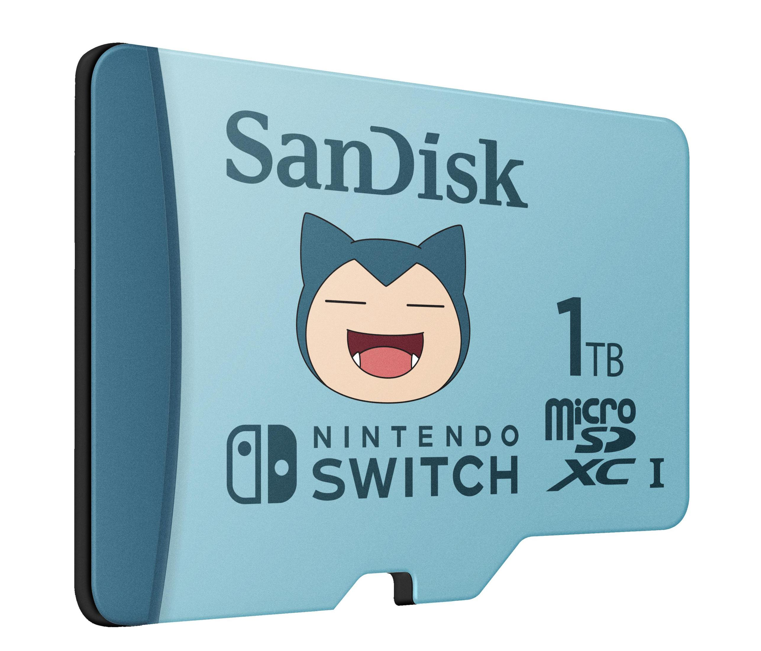 Eine blaue Micro-SD-Karte für Nintendo Switch mit Snorlax-Charakter und Sandisk-Branding.
