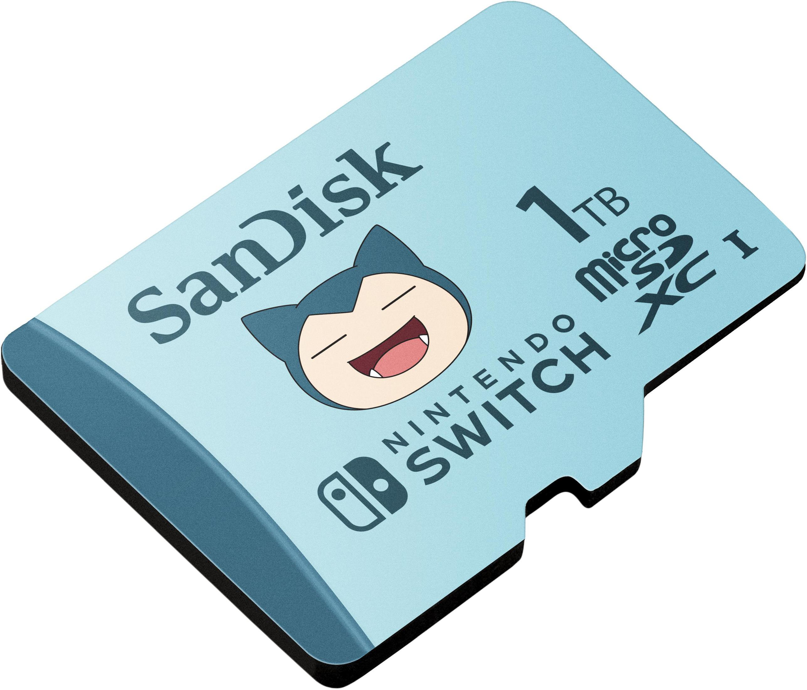 Blaue und weiße Nintendo Switch microSD-Karte. Mit SanDisk- und Snorlax-Grafiken. Fasst 1 TB.
