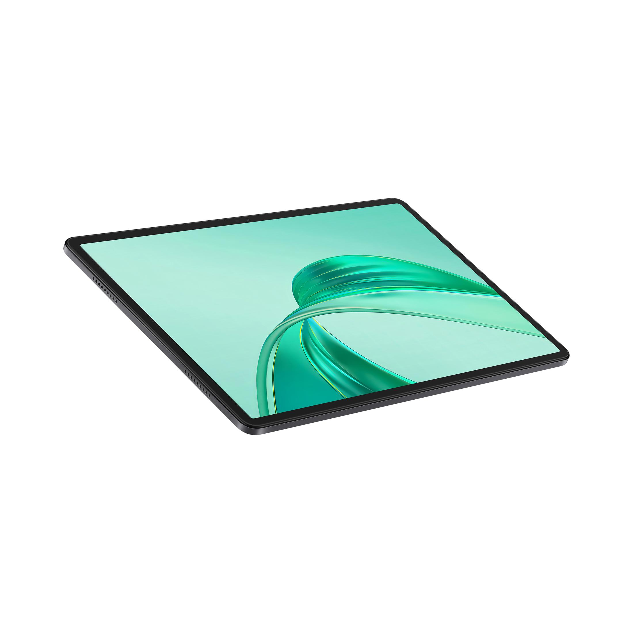 Schwarzes Tablet auf weißem Hintergrund. Zeigt ein grünes, fließendes Design auf dem Bildschirm.