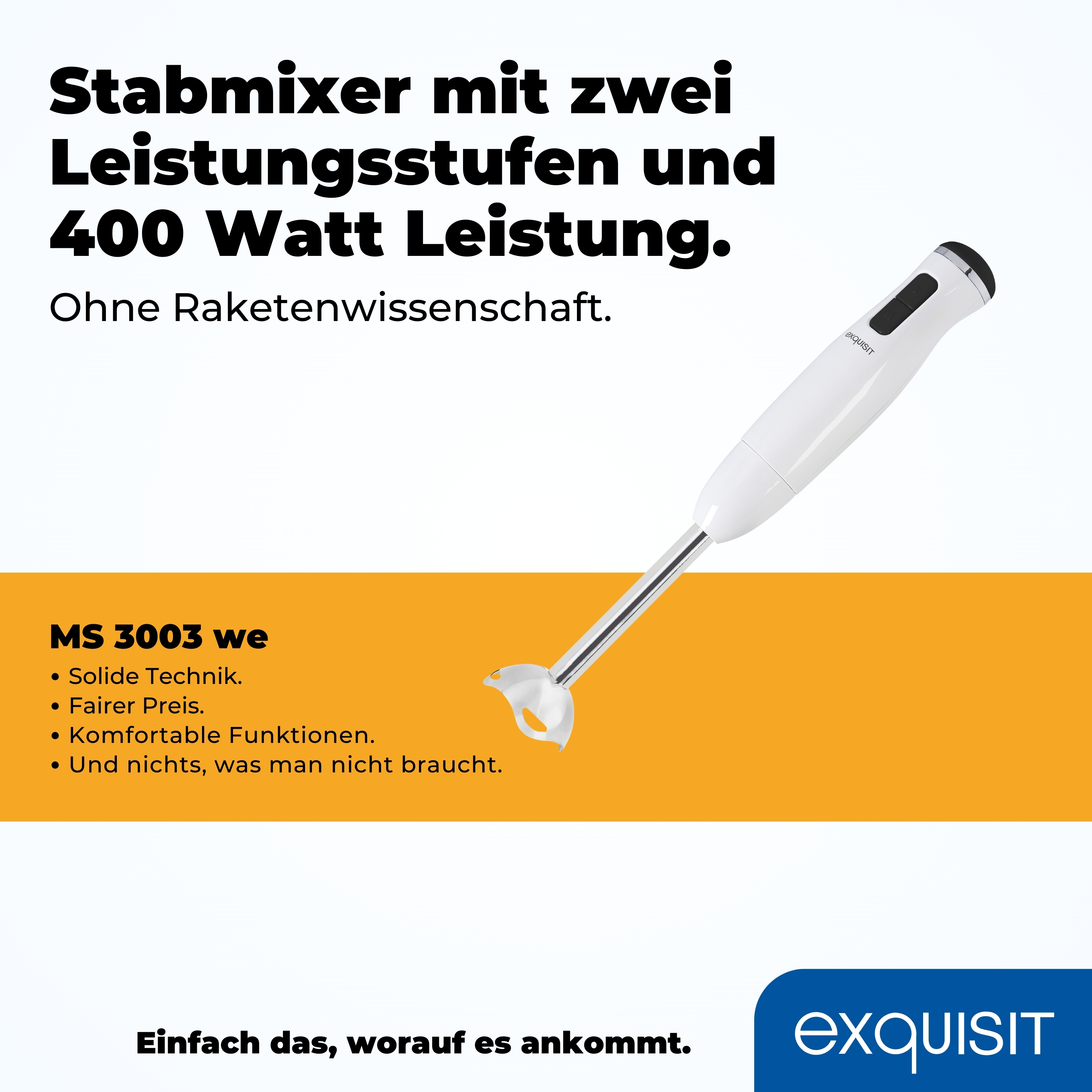 Weißer Stabmixer mit zwei Leistungsstufen auf orangefarbenem Hintergrund. Text in Deutsch.
