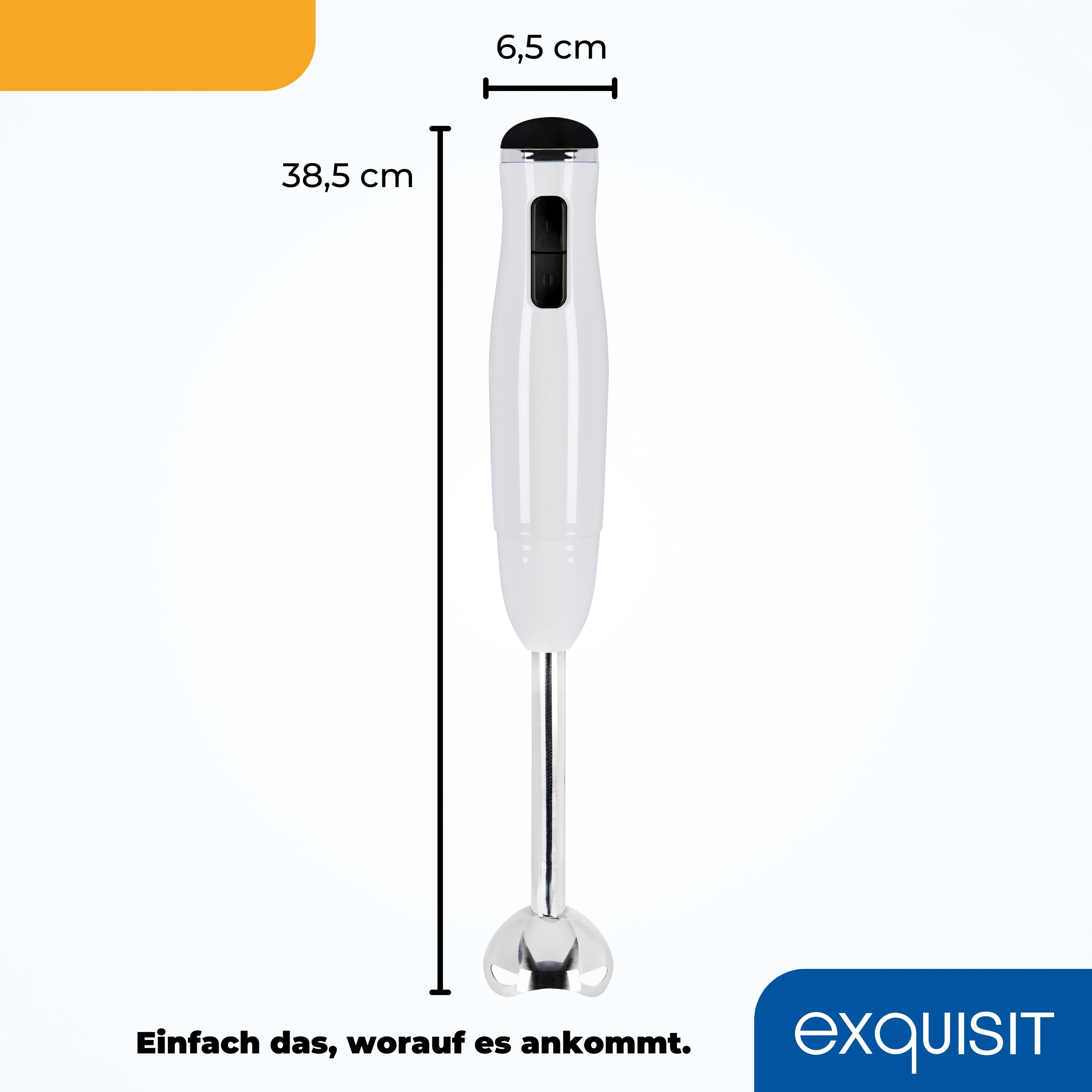 Weißer und silberner Stabmixer mit angezeigten Abmessungen und einem orangefarbenen Balken oben.