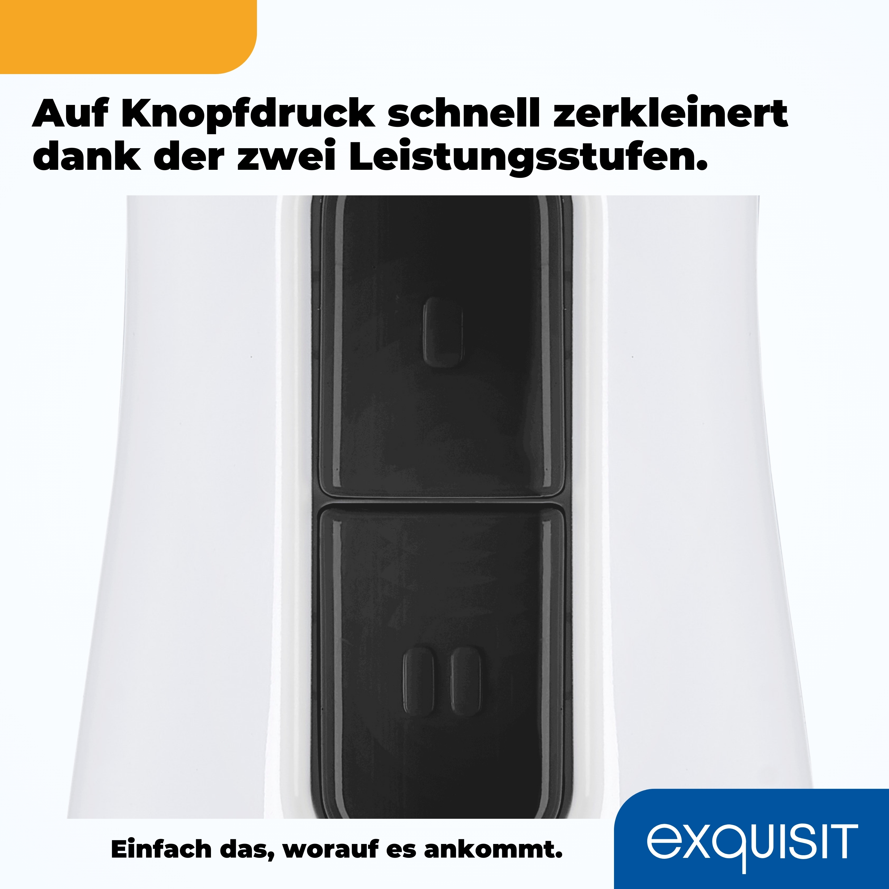 Nahaufnahme eines weißen Küchengeräts mit zwei schwarzen Knöpfen. Text auf Deutsch.