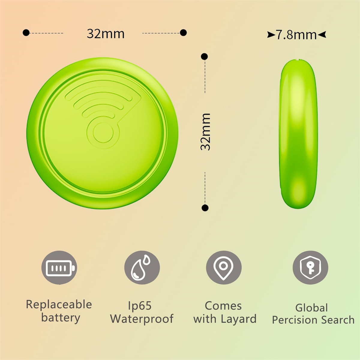 Grüner runder Tracker mit Abmessungen, Icons für austauschbare Batterie, wasserdicht, Schlüsselband.