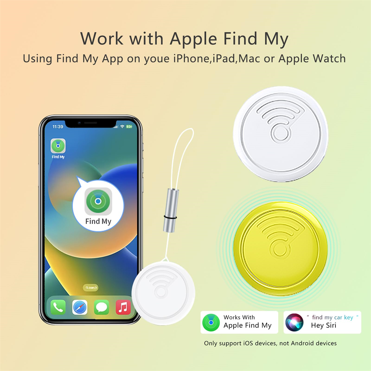 Telefon mit Find My App, weiße und gelbe Tracker, Apple Watch. Weißer Hintergrund.