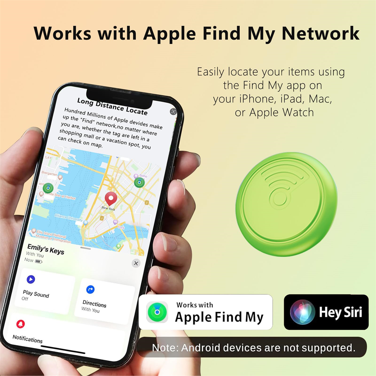 Die Hand einer Person hält ein Telefon mit einem grünen Tracker. Rechts befindet sich ein grüner Tracker.
