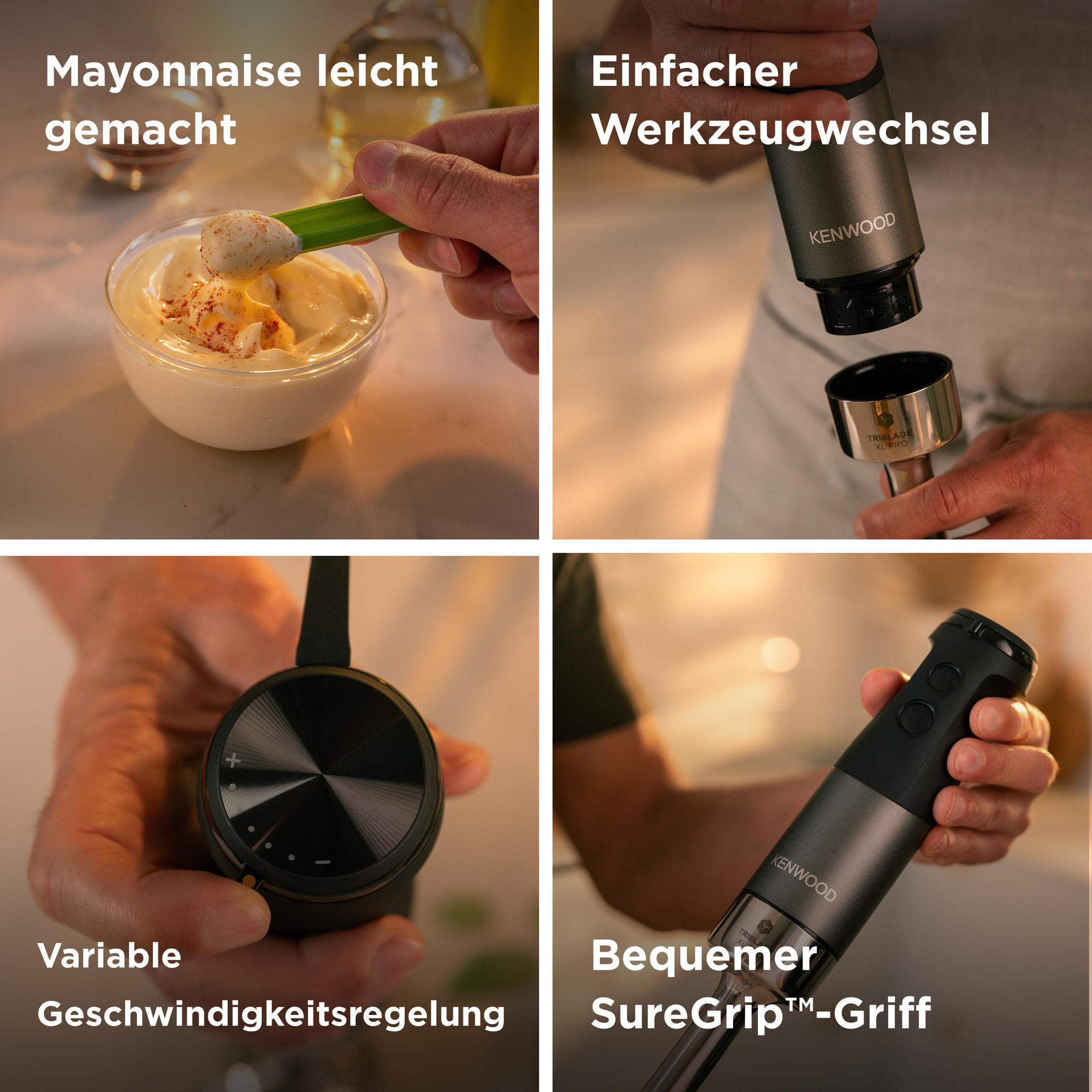 Vier Bilder, die die Verwendung eines Mixers zeigen. Einschließlich Mayonnaise und Bedienfeld.