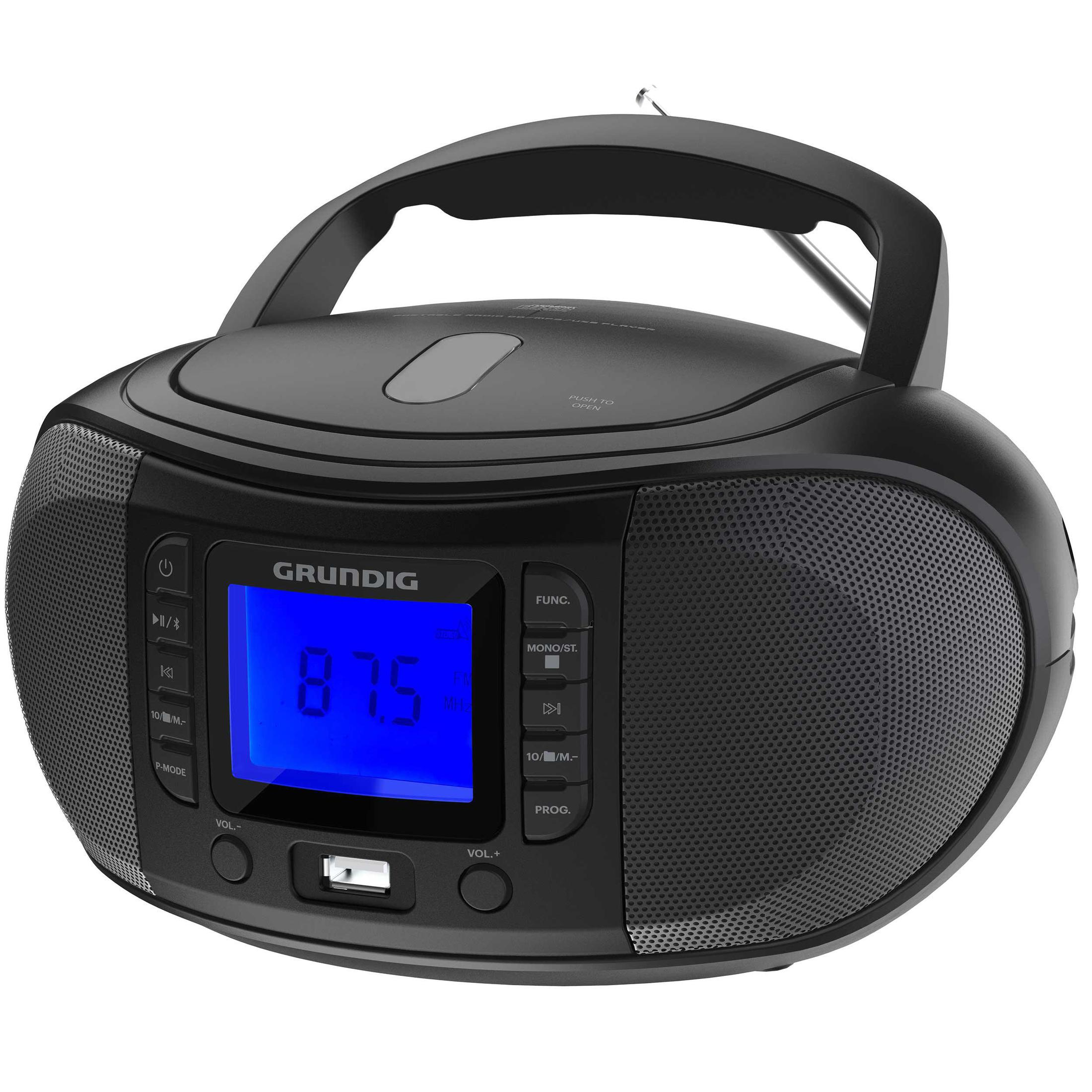 Una radio boombox Grundig nera con display digitale blu.