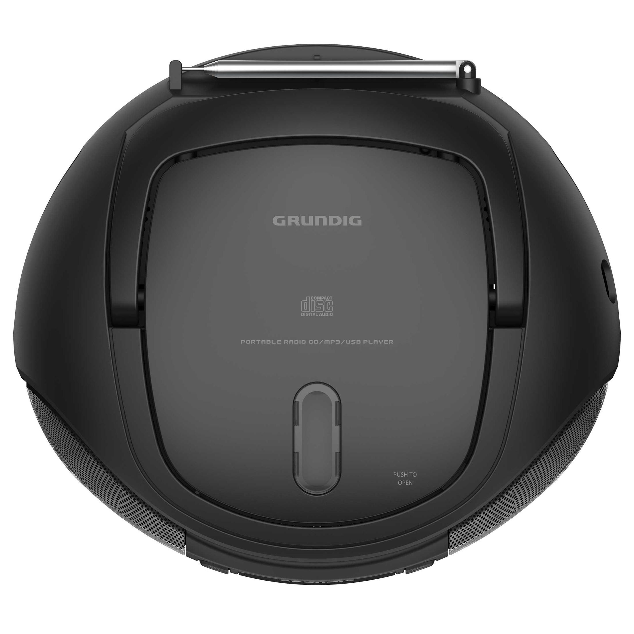 Radio Grundig CD/MP3/USB nera. Vista dall'alto, con antenna e griglie altoparlanti.