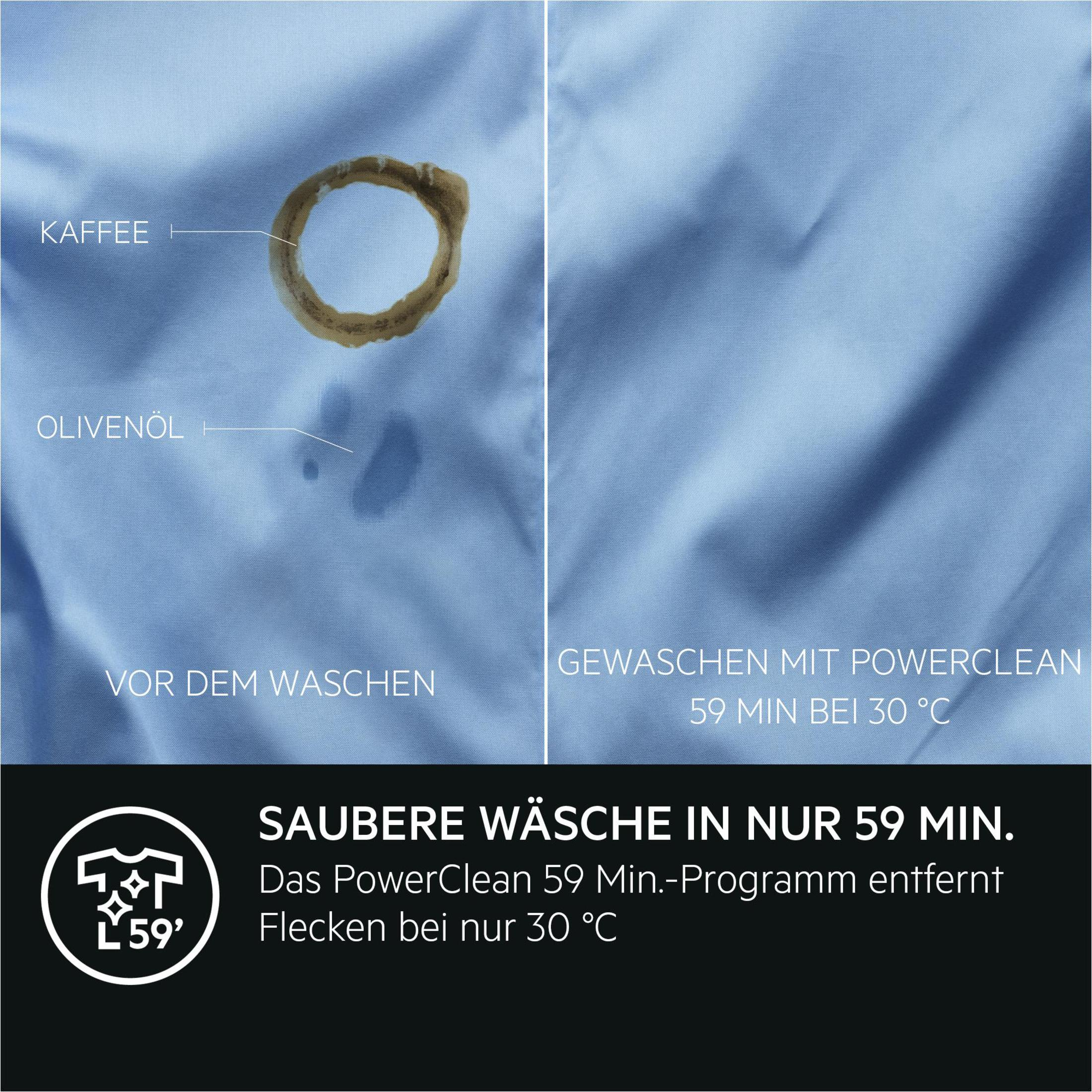 Une chemise bleue avec des taches de café et d'huile. Texte : Lavage propre en 59 minutes à 30°C.