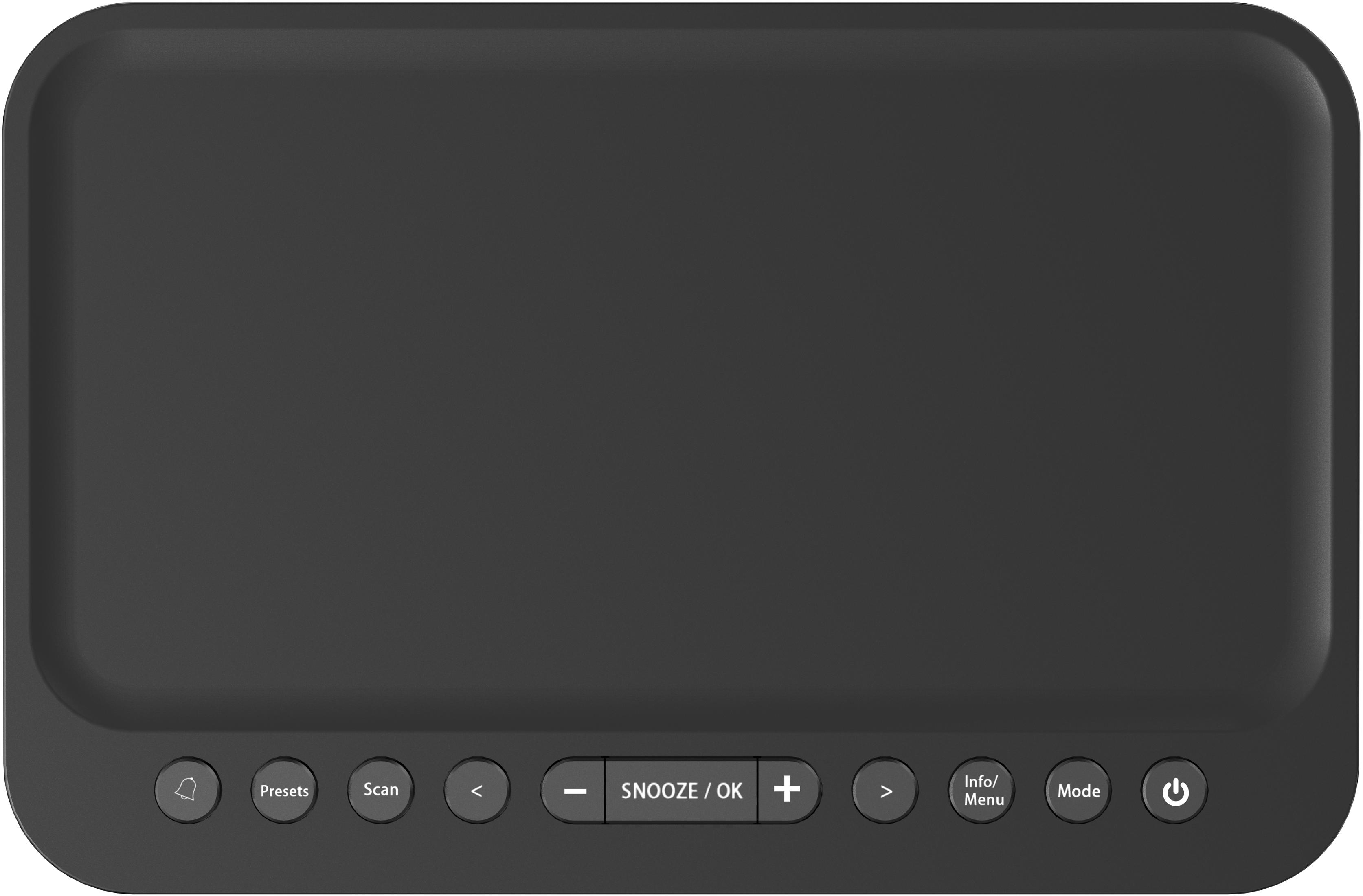 Czarny zegar cyfrowy z przyciskami do zaprogramowanych ustawień, skanowania, drzemki i trybu. Jest prostokątny.