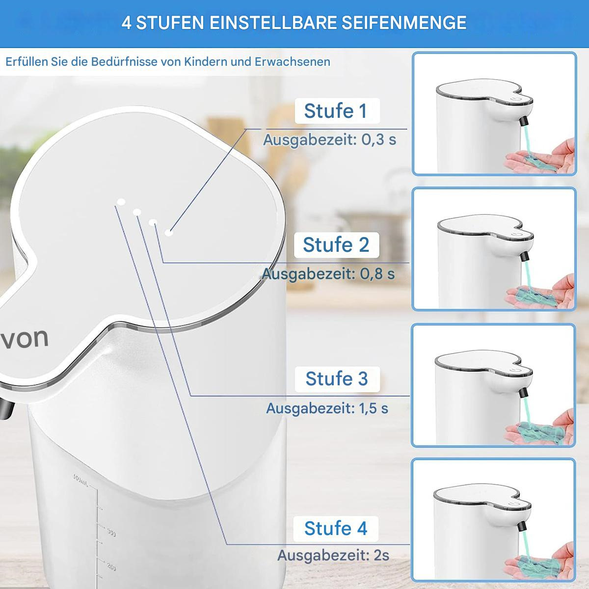 Weißer Seifenspender mit 4 einstellbaren Stufen. Hände zeigen die Seifenausgabe in verschiedenen Stufen.