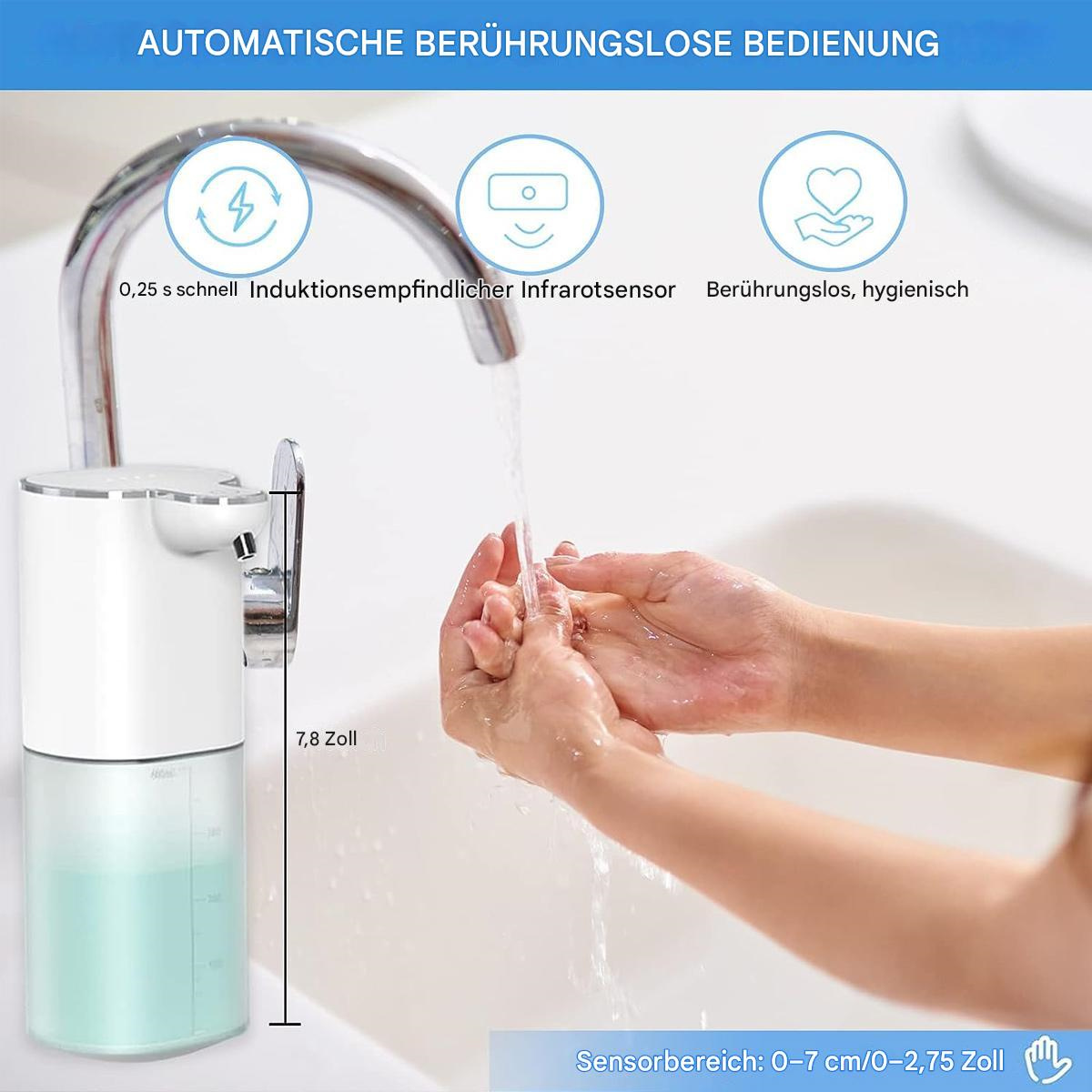 Seifenspender mit Händen darunter. Text: 'AUTOMATISCHE BERÜHRUNGSLOSE BEDIENUNG'.