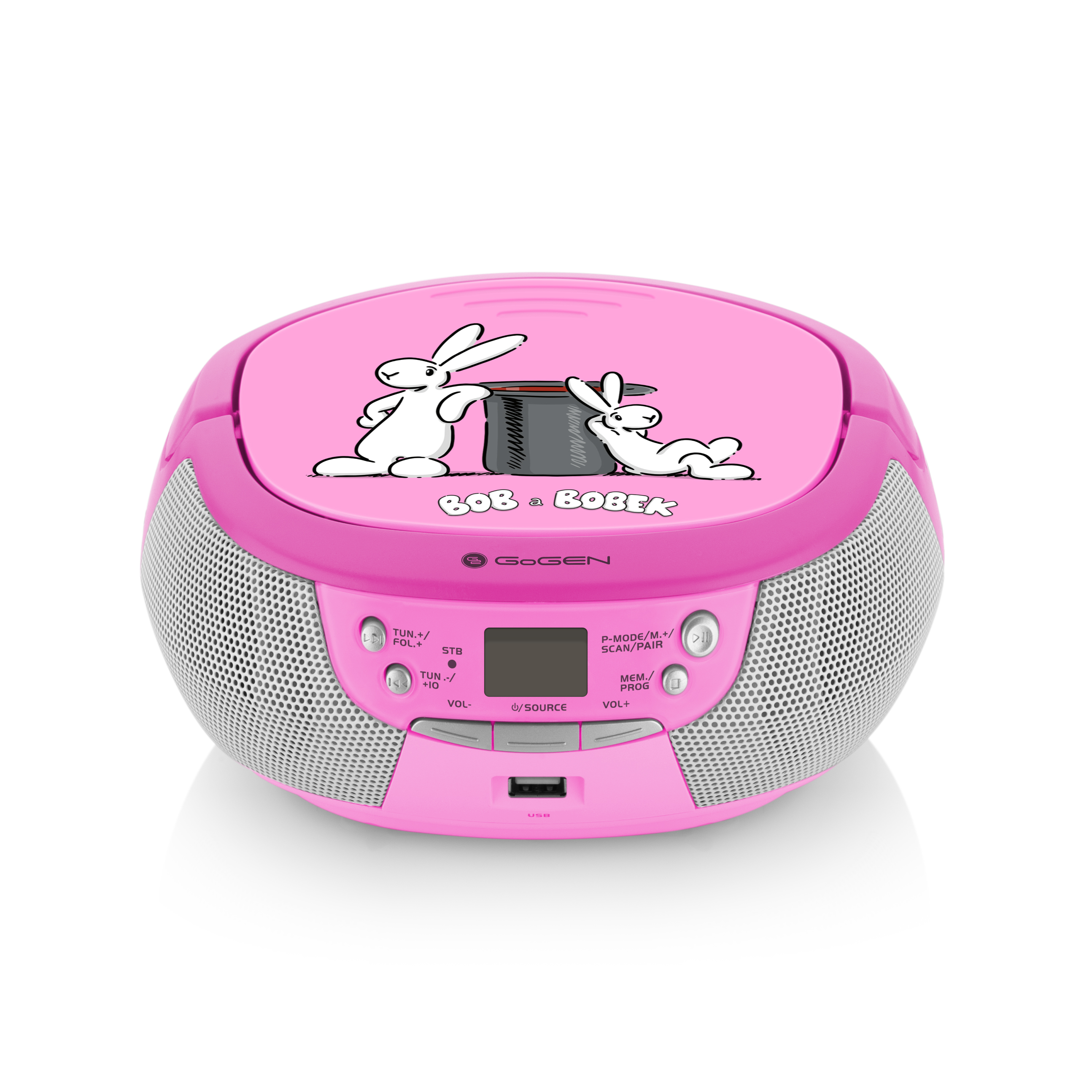 Rosa Boombox mit Cartoon von zwei Kaninchen und einem Zauberhut oben drauf.
