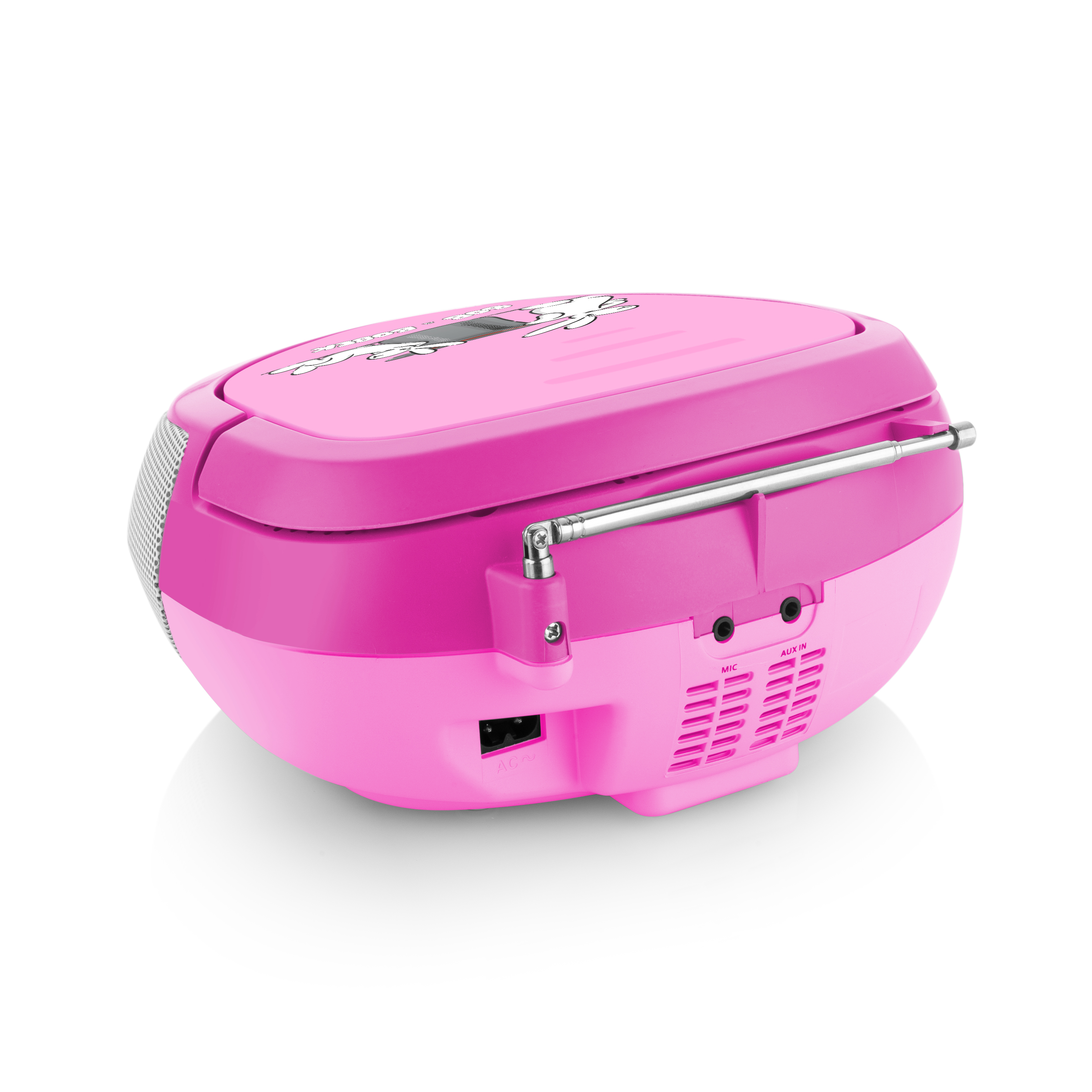 Rosa Boombox-Radio mit CD-Player, Antenne und verschiedenen Eingangsanschlüssen auf der Rückseite.