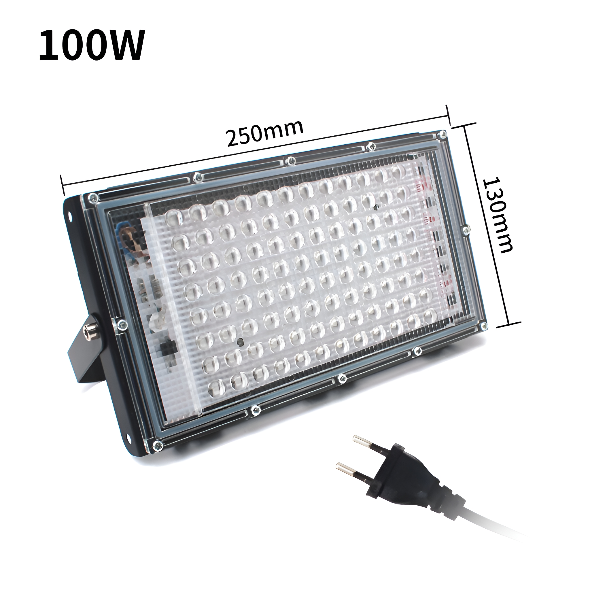 Rechteckige LED-Leuchte mit beschrifteten Abmessungen, 100W. Ein Stecker befindet sich unten rechts.