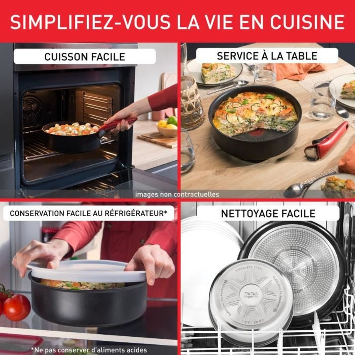 Eine Reihe von Bildern zeigt einfaches Kochen, Servieren, Kühlen und Reinigen von Kochgeschirr. Roter Text steht oben.