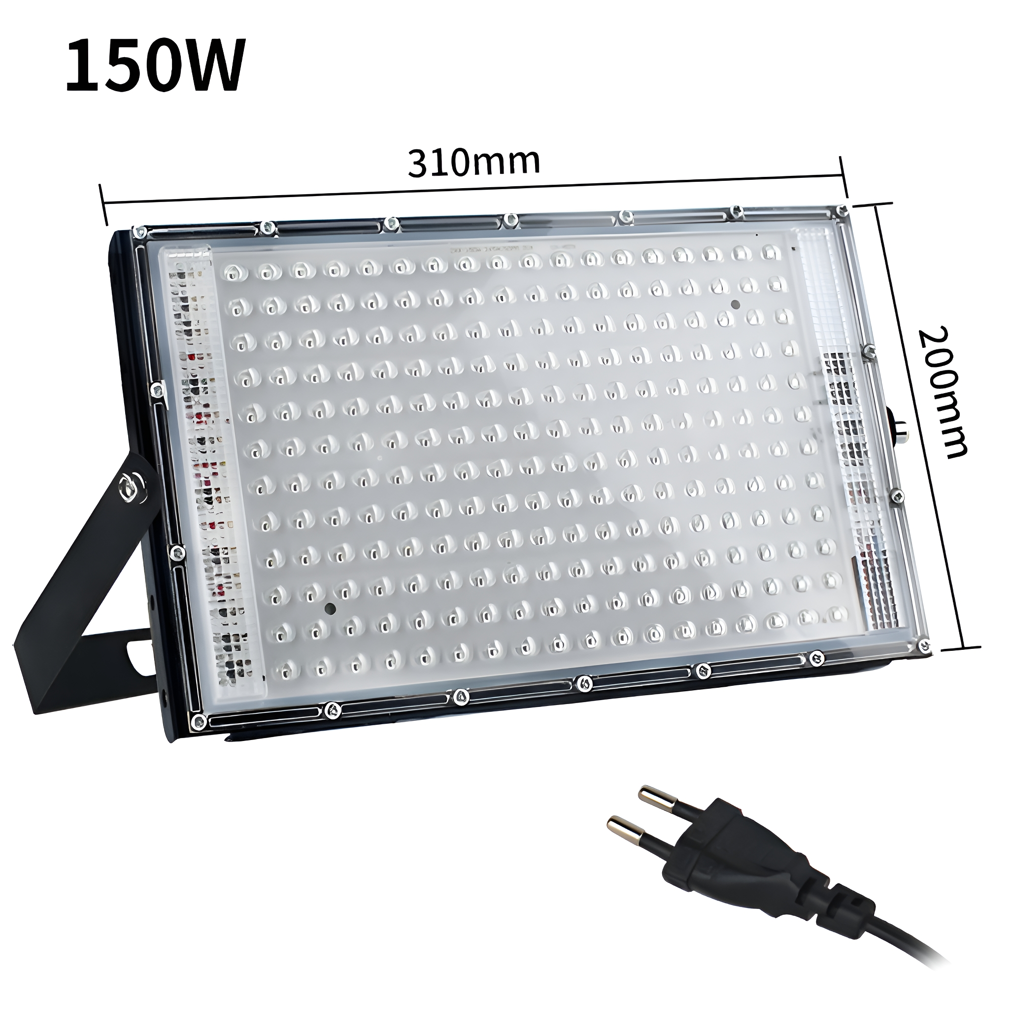 Rechteckiger Flutlichtstrahler mit Abmessungen, Stecker und Ständer. 150W Leistung. Weißer Hintergrund.