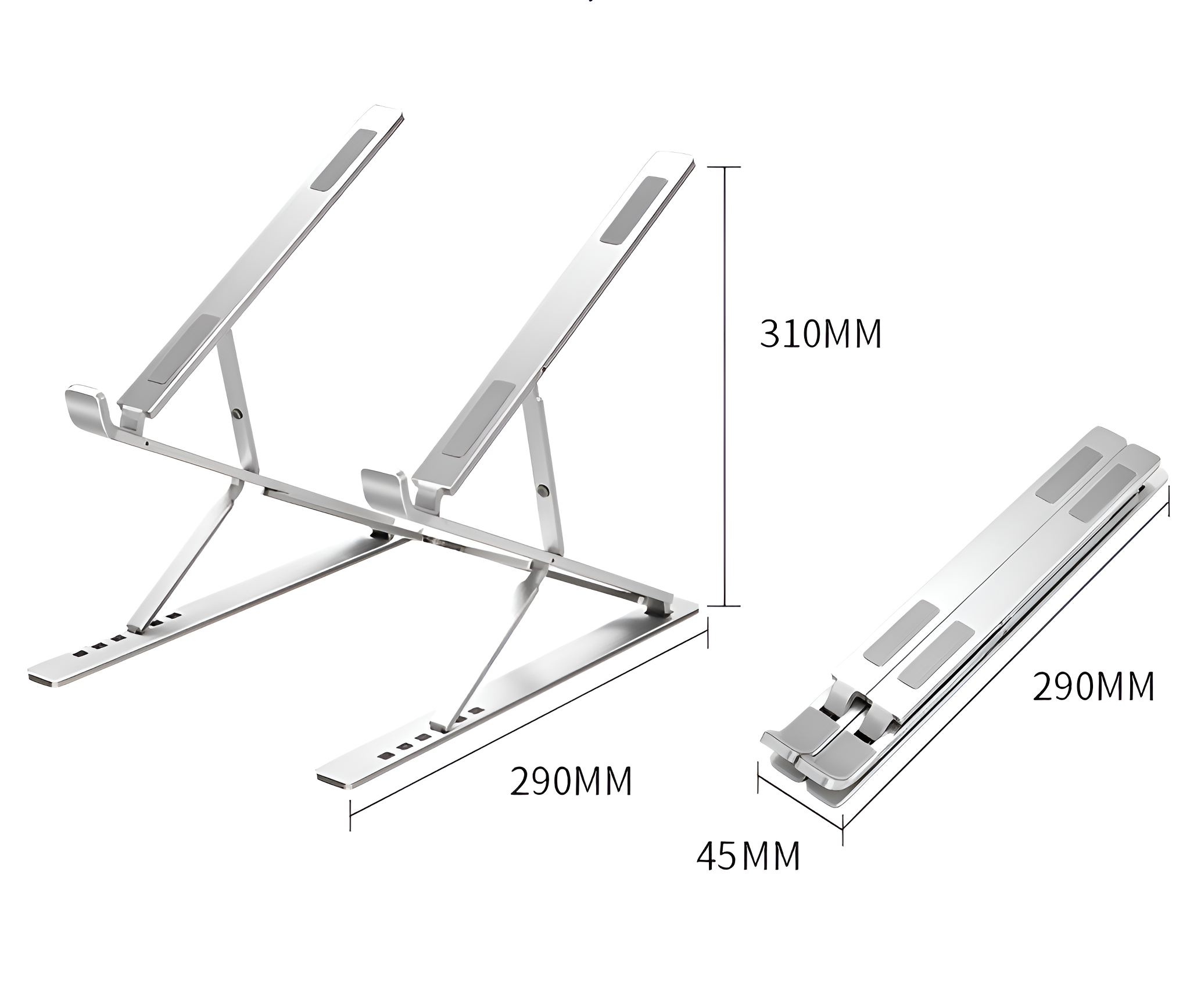 Silberner Laptop-Ständer. Er ist verstellbar und hat die Maße 290 mm und 310 mm.