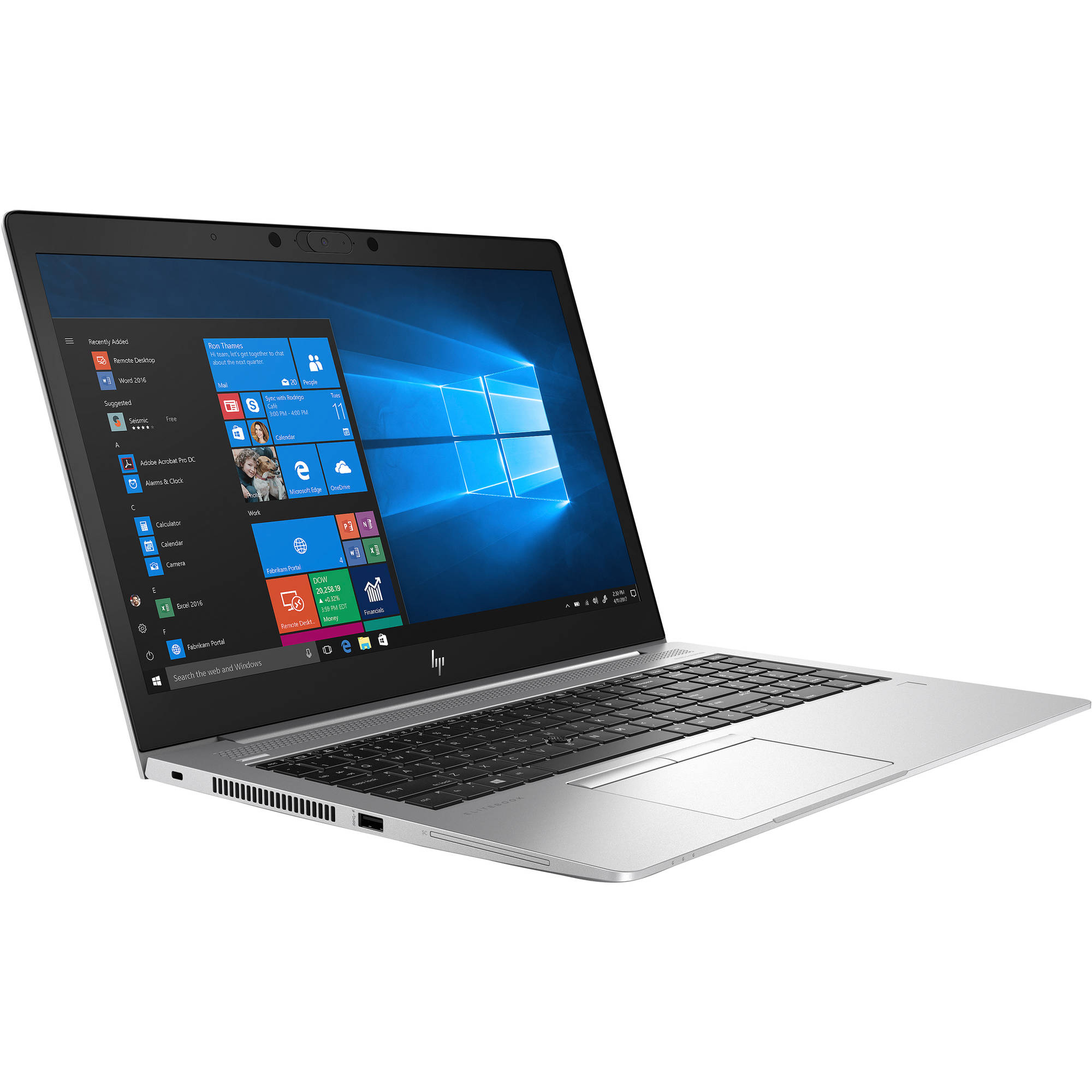 Ein silberner Laptop mit einem Windows-Desktop auf dem Bildschirm.