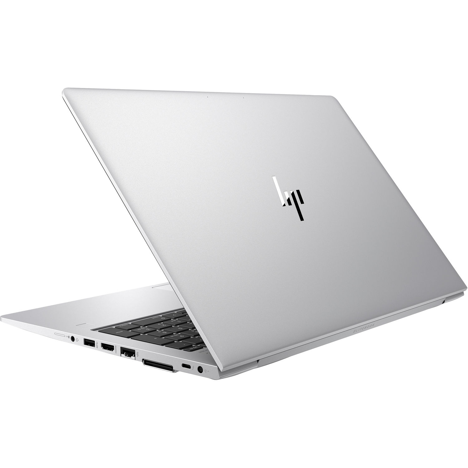 Silberner Laptop mit HP-Logo auf der Rückseite, leicht angewinkelt, mit sichtbaren Anschlüssen an der Seite.