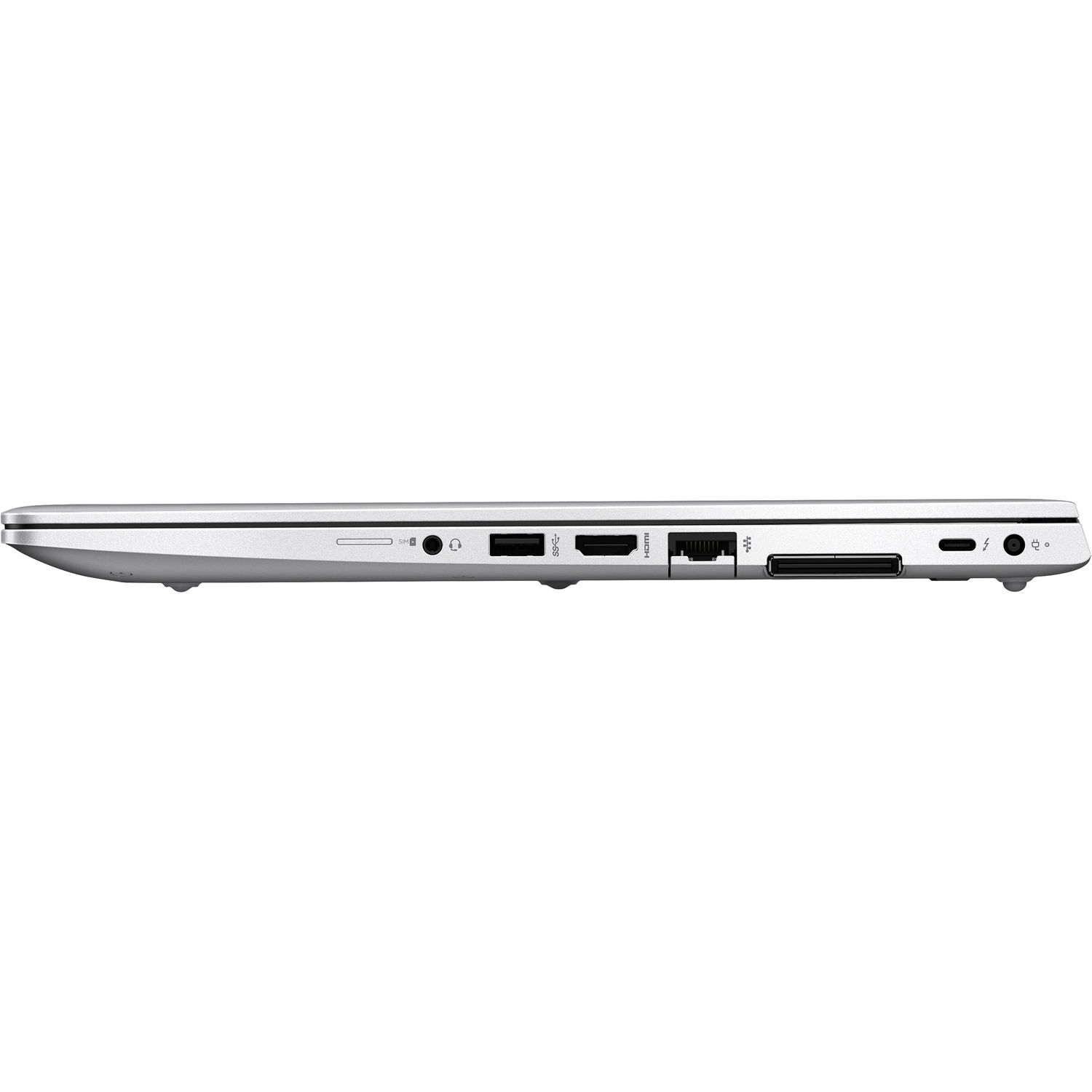 Seitenansicht eines weißen Laptops mit Anschlüssen und Verbindungen.