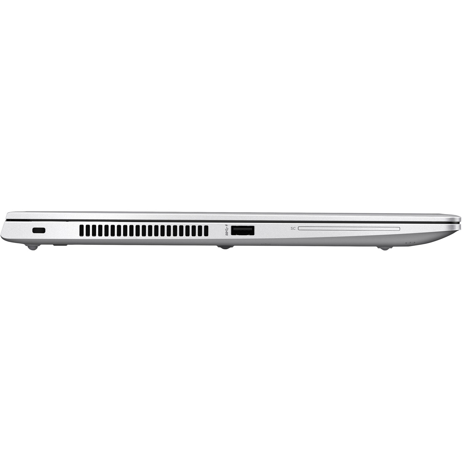 Silbernes Laptop-Profil mit Anschlüssen und Lüftungsschlitzen.