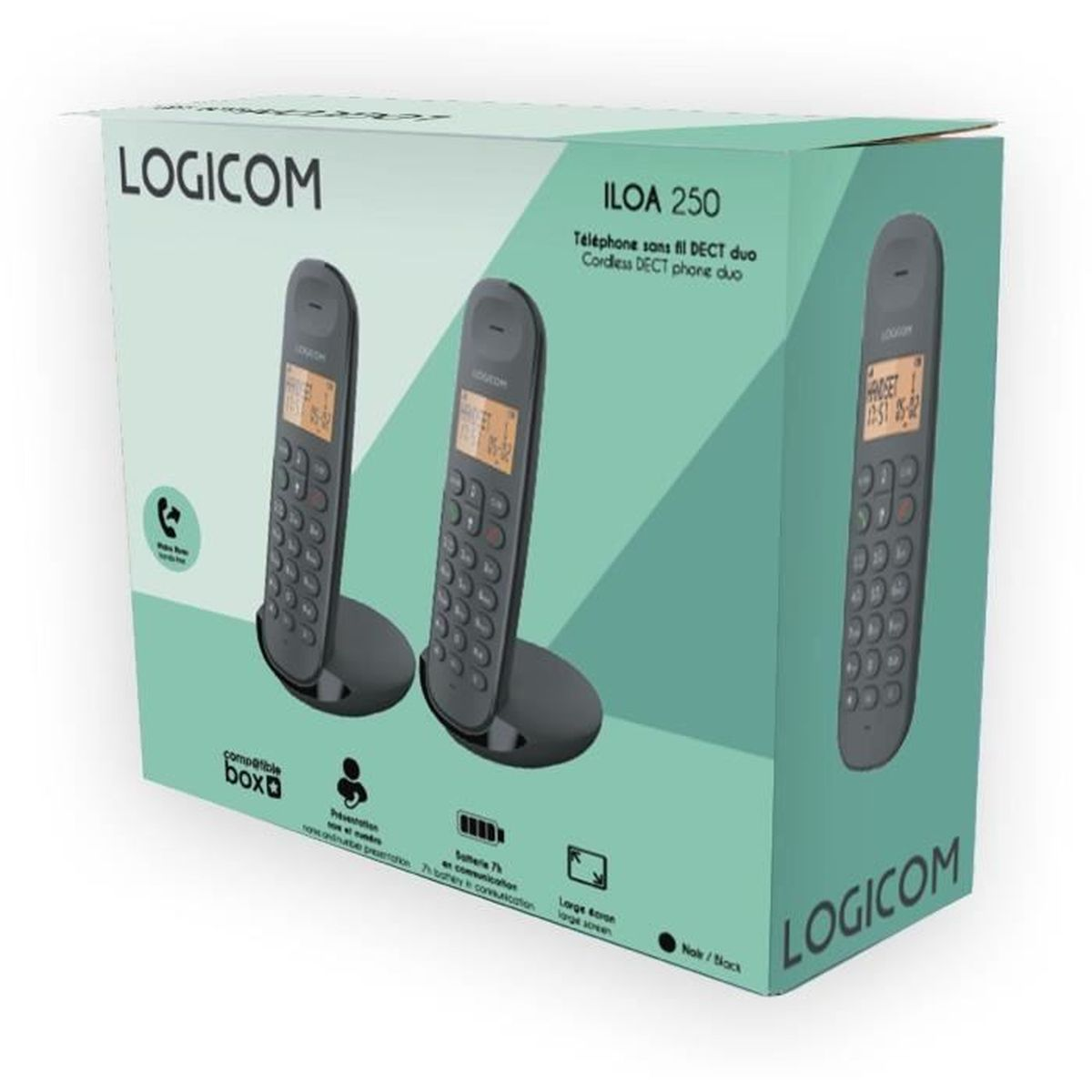 Caja que contiene dos teléfonos inalámbricos. Texto en la caja: 'LOGICOM' e 'ILOA 250'.