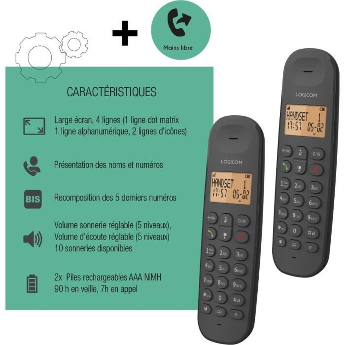 Dos teléfonos inalámbricos grises, con un gráfico de funciones y un icono de manos libres.