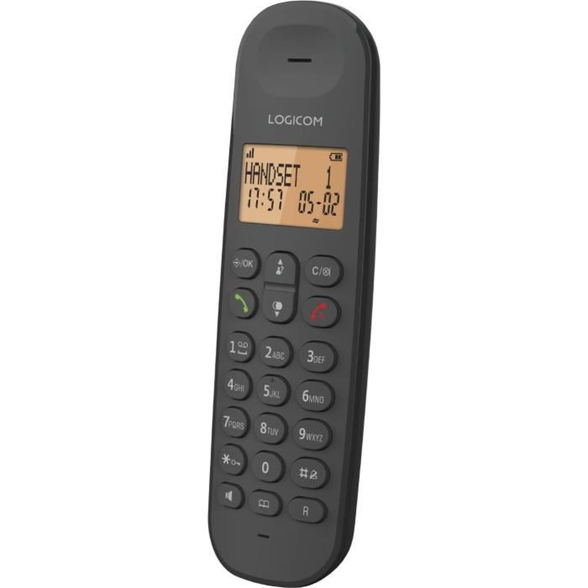 Ein schwarzes schnurloses Telefon von LOGICOM. Es hat einen Bildschirm mit Uhrzeit und Datum sowie eine Tastatur.