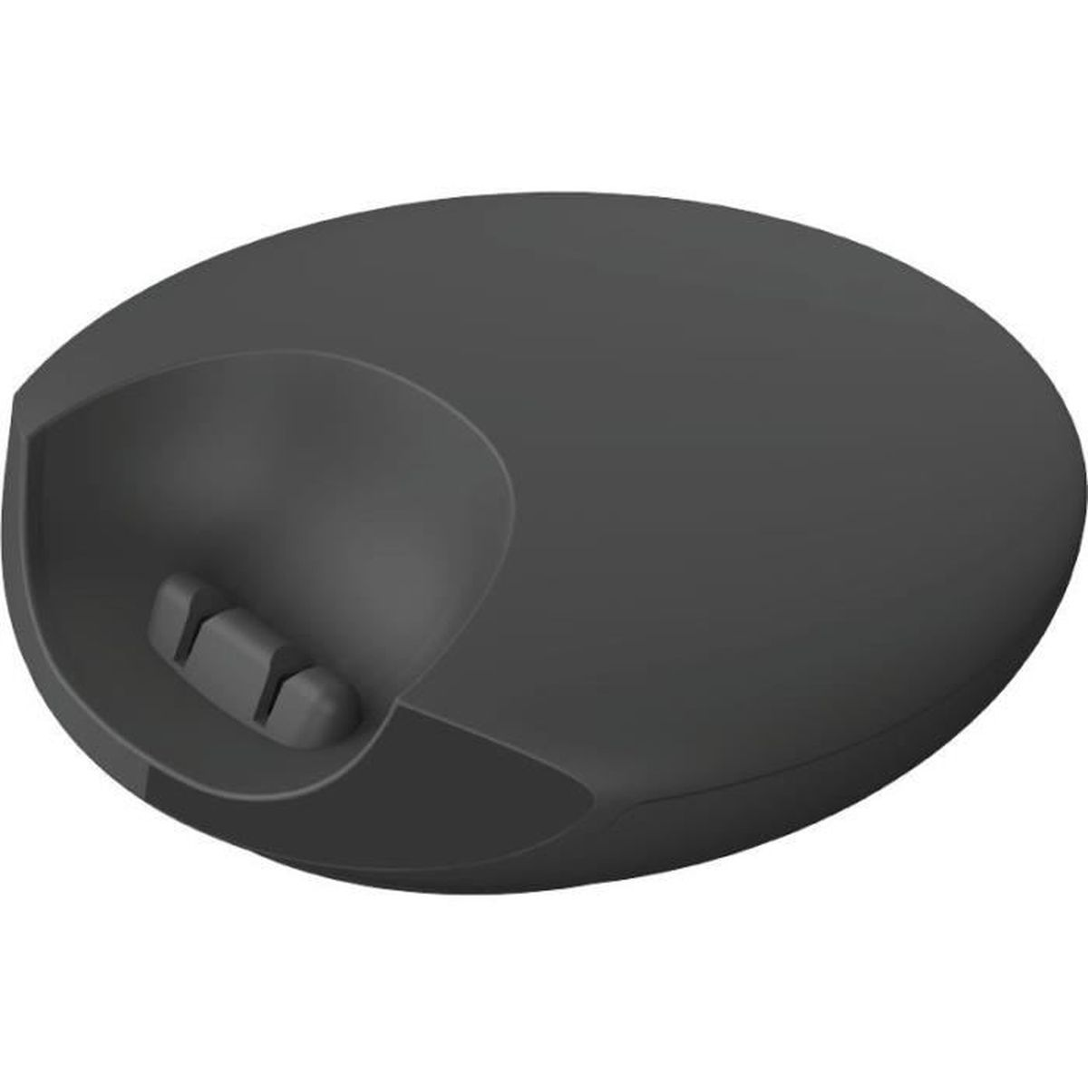 Base de carga negra, forma ovalada, con un área empotrada y dos clavijas de contacto de carga.