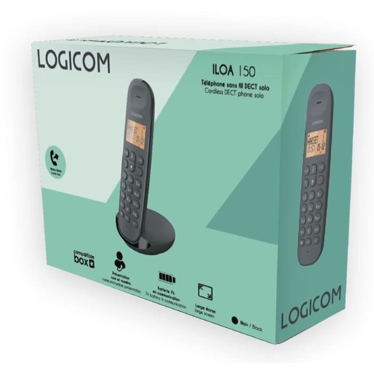 Eine Telefonbox mit Telefon und Basis wird gezeigt. Die Box ist grün und das Telefon schwarz. Text in der Box.
