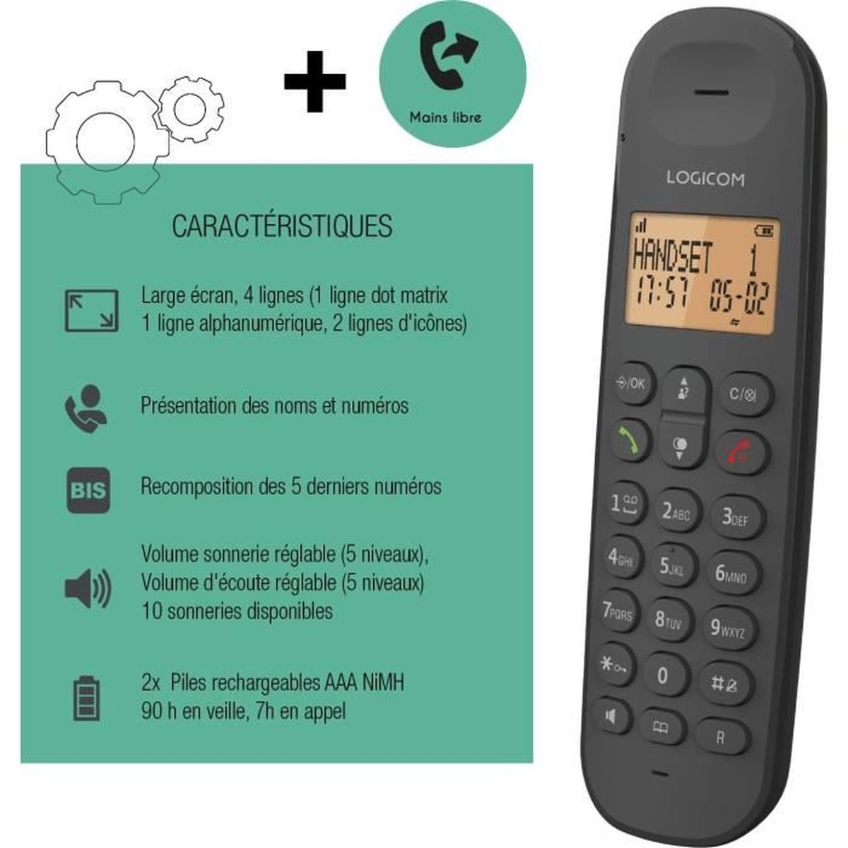Ein schwarzes schnurloses Telefon mit Bildschirm und Tasten, mit Produktdetails und Symbolen auf grünem Hintergrund.