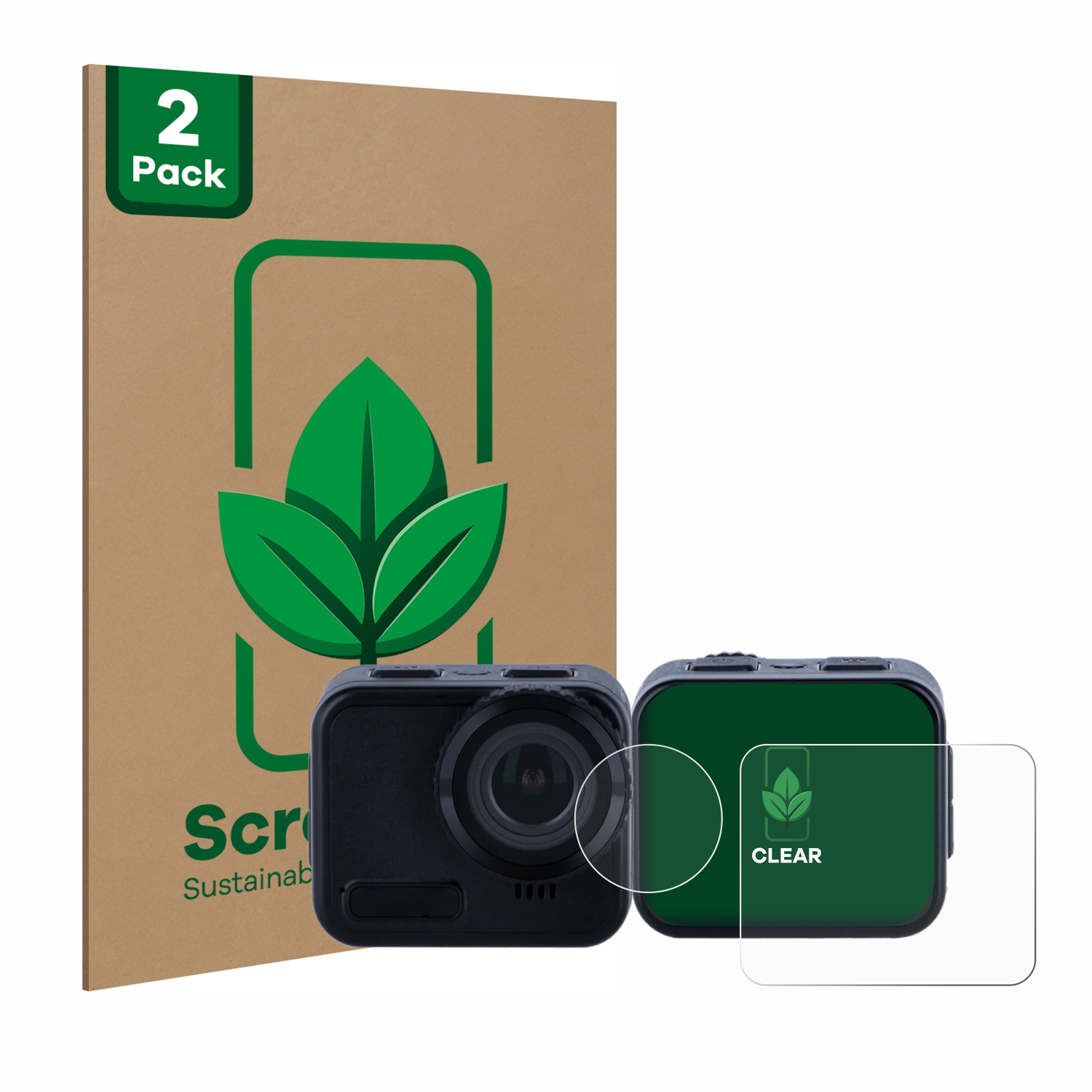 Kamera mit Schutzfolie. Braune Box mit grünem Blätter-Logo. Klare Folie.