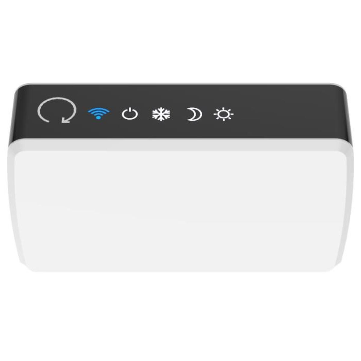 Dispositivo elettronico bianco con icone di alimentazione, wifi, sole, luna e fiocco di neve visualizzate.