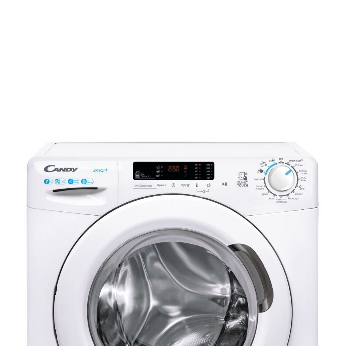 Pannello di controllo della lavatrice bianco. Ha un display digitale e pulsanti. Sfondo bianco.