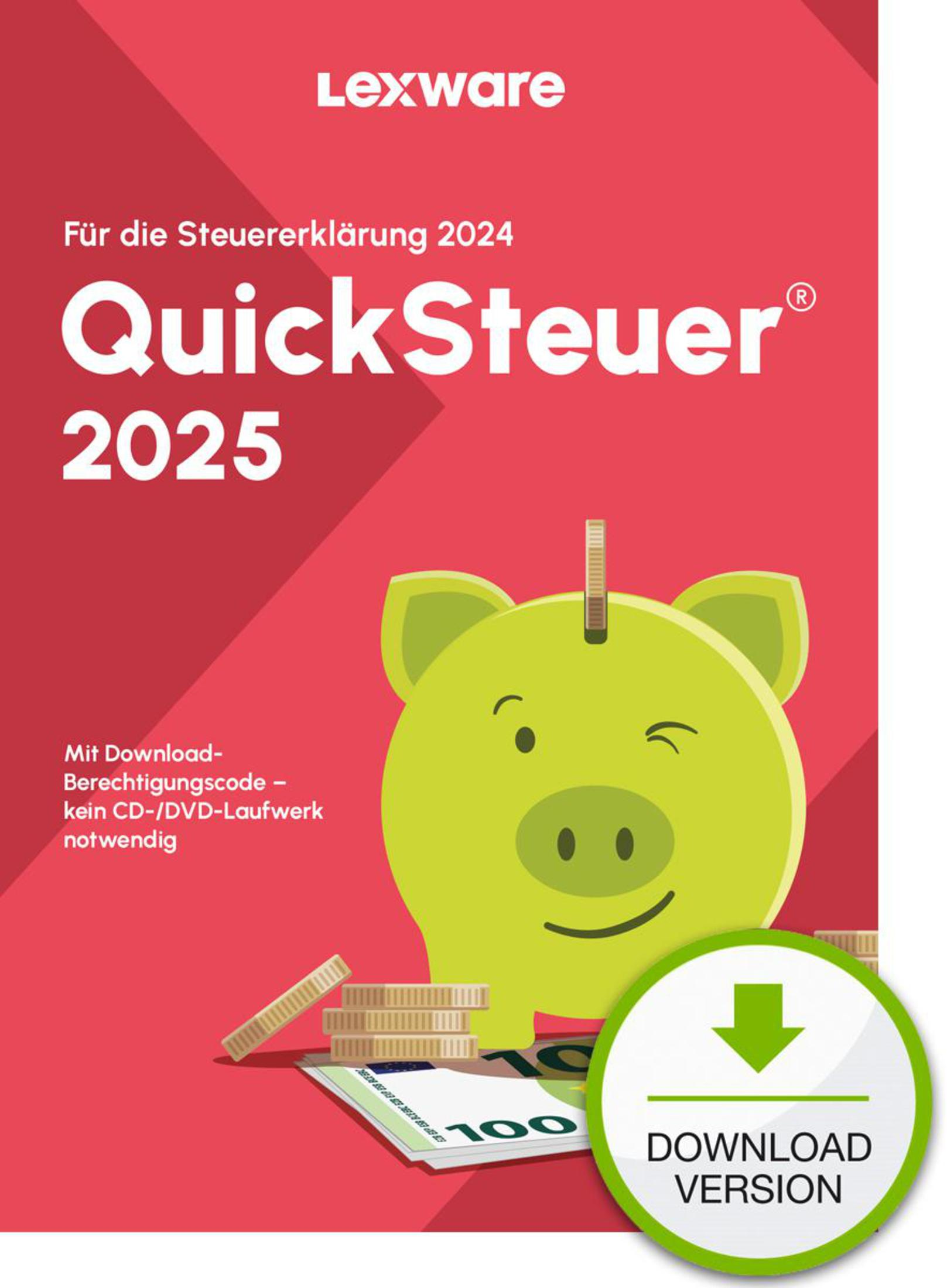 Un salvadanaio, una banconota da 100 euro e monete con il titolo QuickSteuer 2025.