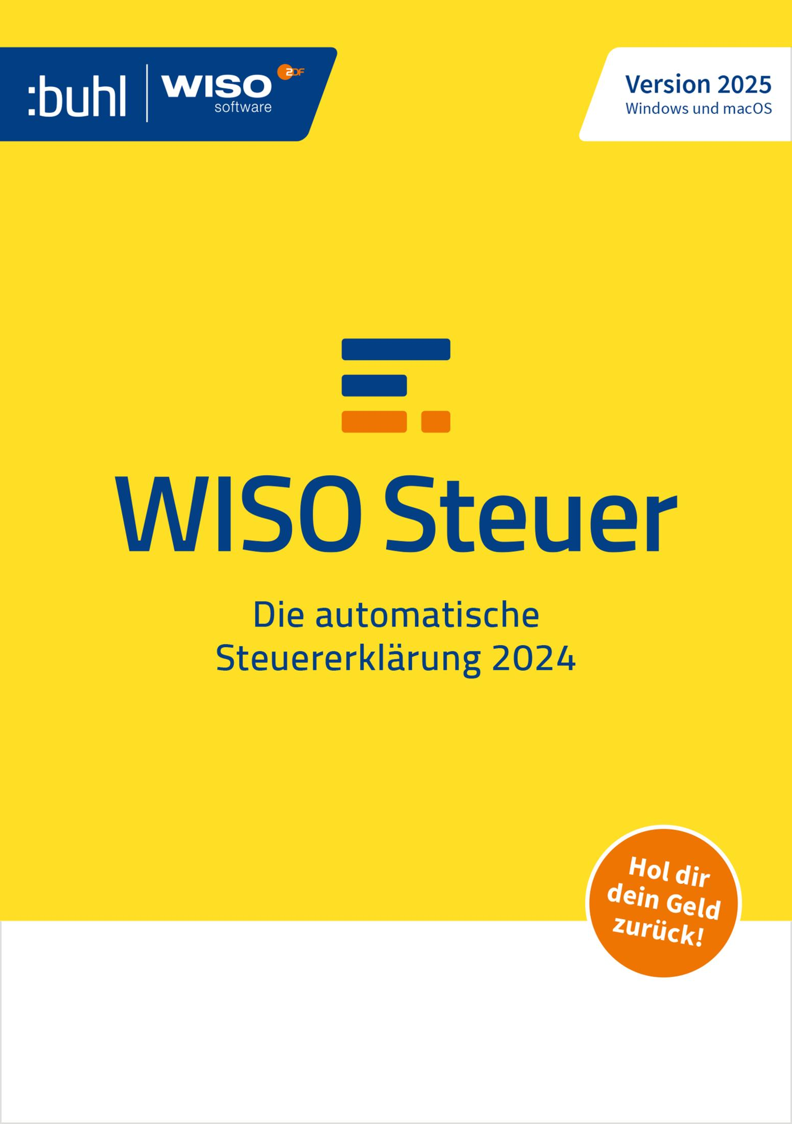 Scatola software gialla, WISO Steuer, con logo e testo, Versione 2025 in alto a destra.