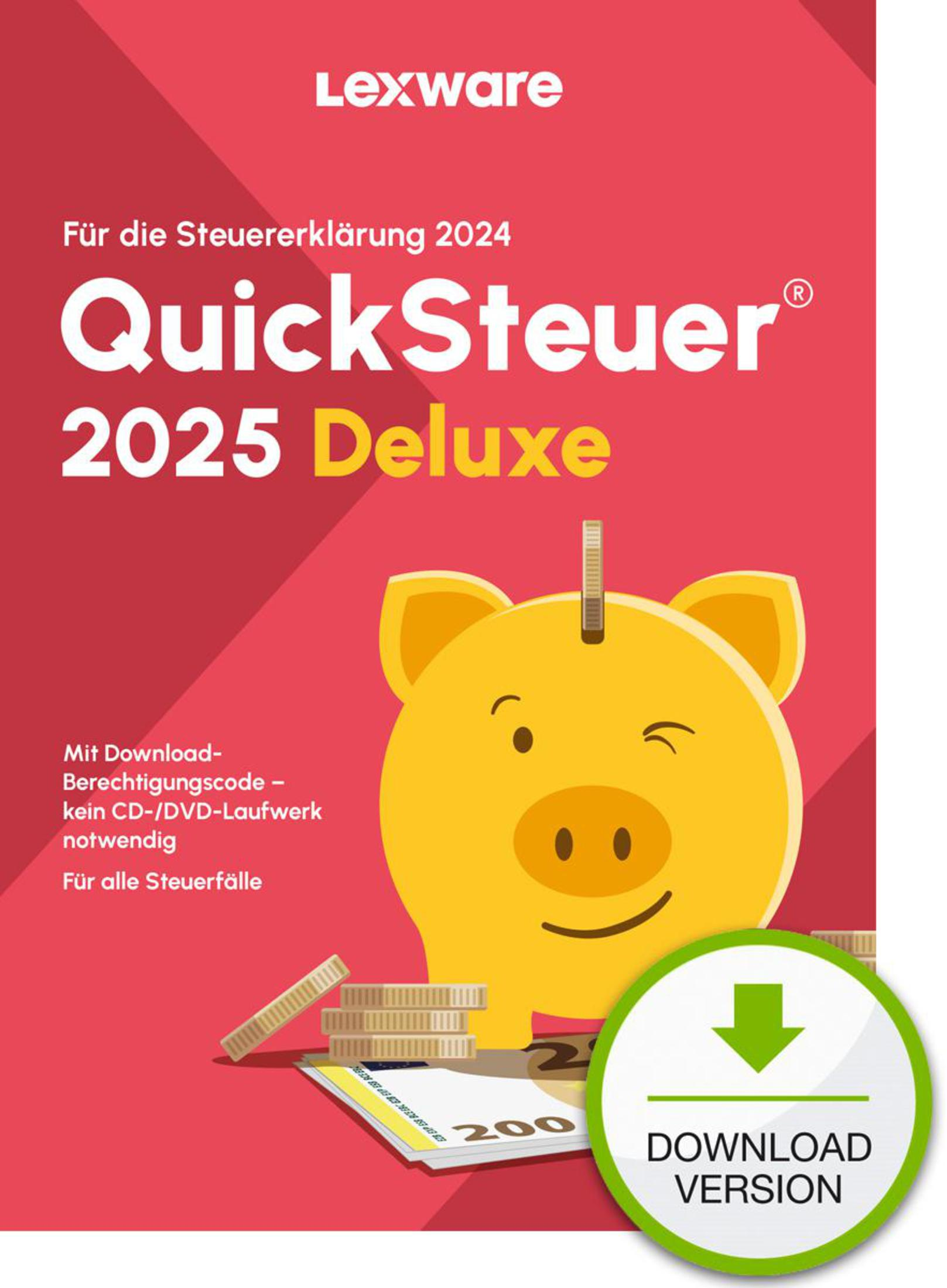 Illustrazione di un salvadanaio con monete e il testo per QuickSteuer 2025 Deluxe.