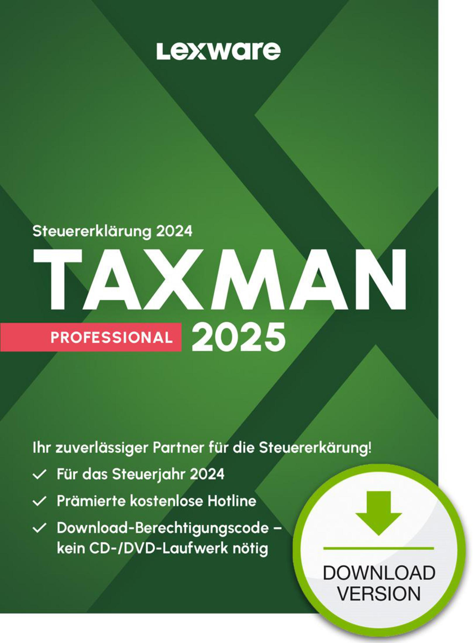 Una copertina di libro verde e bianca per software fiscale. Il testo include 'Taxman Professional'.